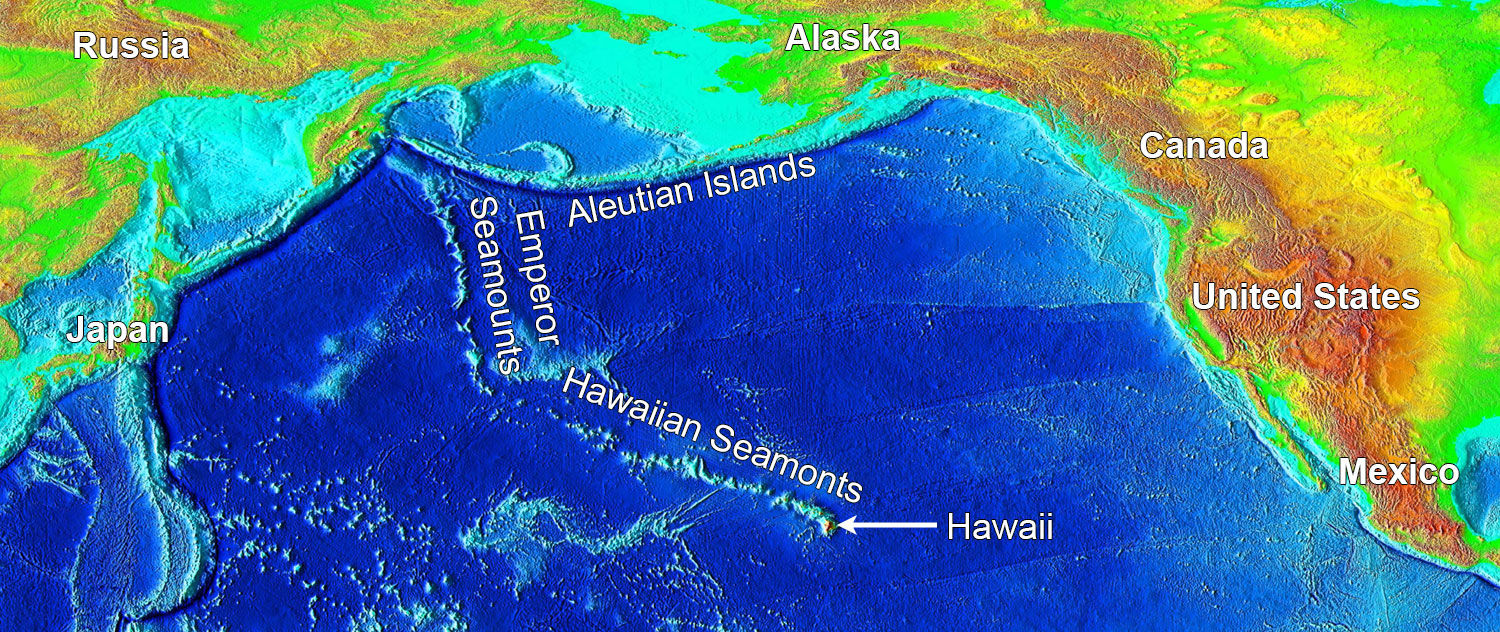 Map showing ocean depth in the Pacific Ocean. The Hawaiian-Emperor Seamount Chain can be clearly seen extending from the middle of the Pacific towards the northwest, where it ends near the Aleutian Islands.