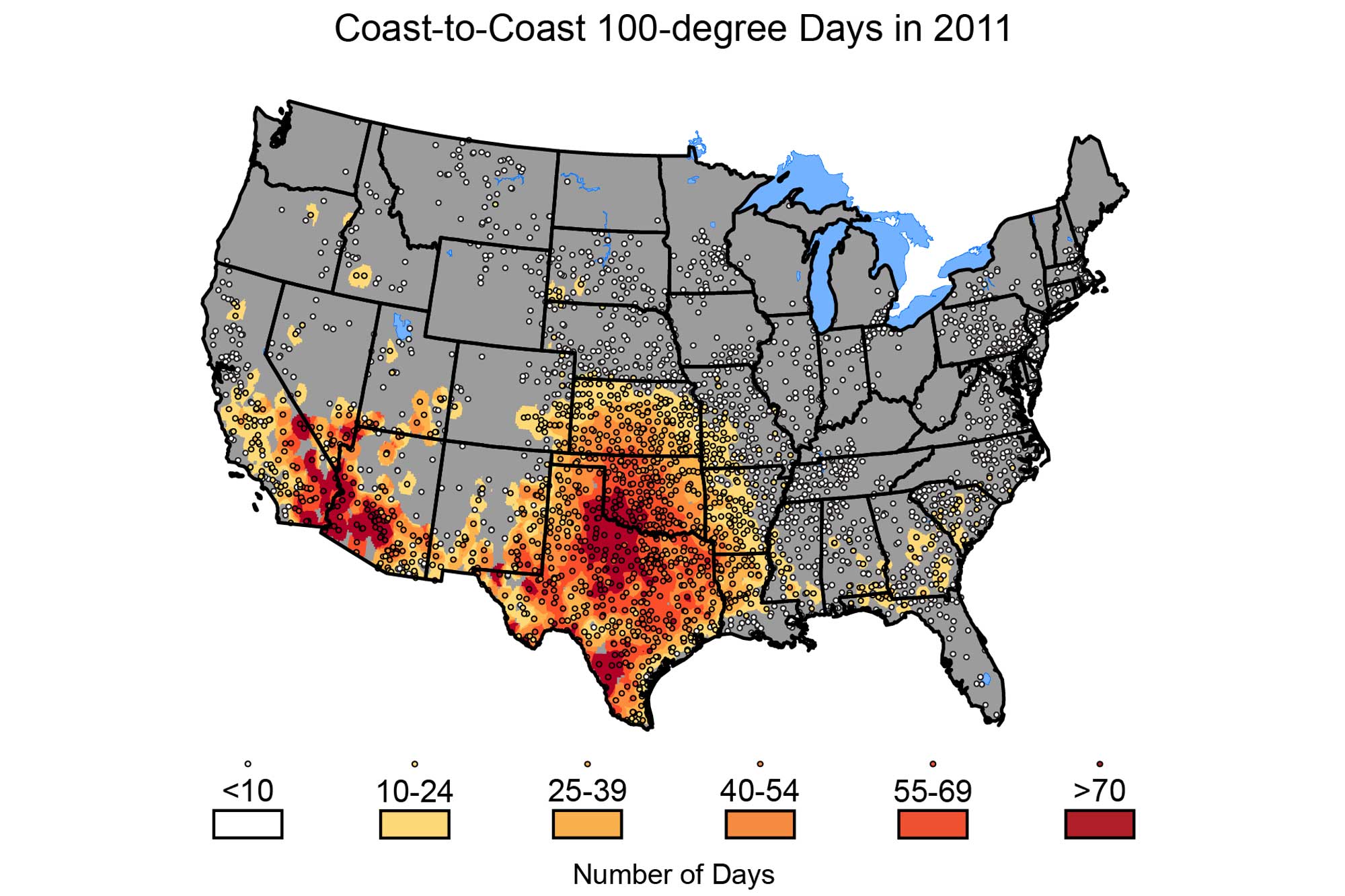 Map of the continental United States showing the number of days in 2011 with temperatures over 100 degrees F.