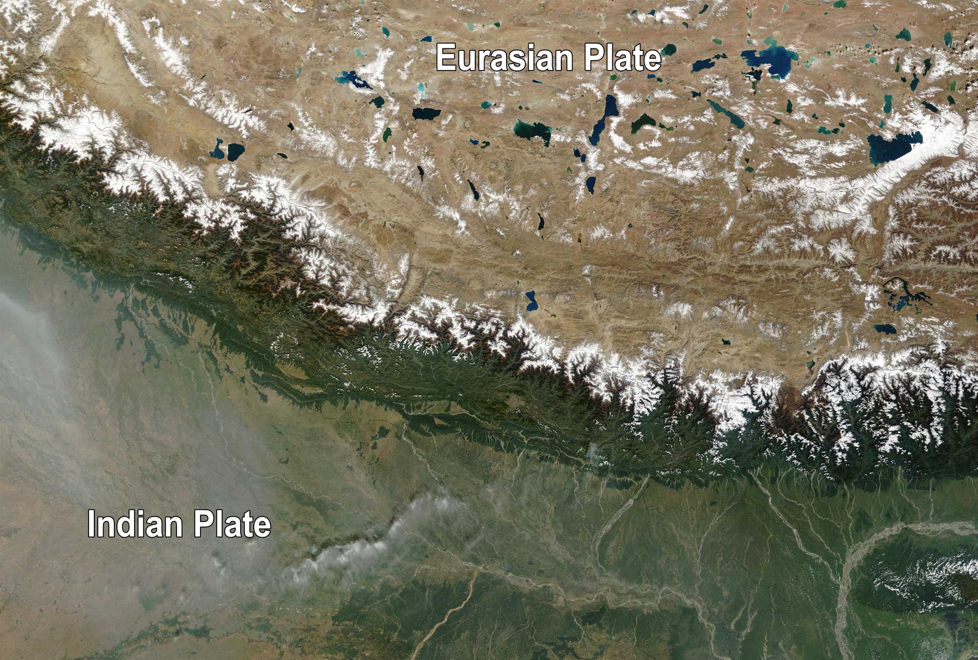 Satellite image showing the Himalayan mountains with the Eurasian Plate and Indian Plate labelled.
