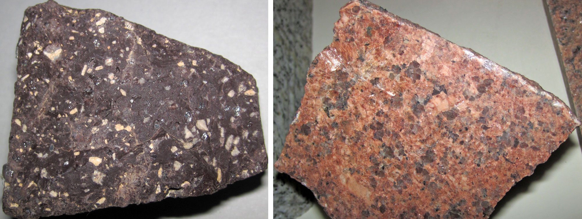2-Panel figure showing photos of Precambrian igneous rocks from the St. Francois Mountains in Missouri. Panel 1: A chunk of rhyolite, a dark-colored rock with lighter inclusions. Panel 2: A polished chunk of Missouri red granite. The stone is pinkish in color and is made up of large, easily visible crystals.