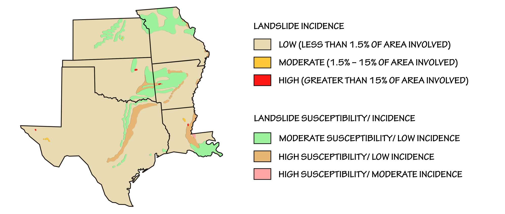 Map of the South Central United States showing areas of greatest risk of landslides.