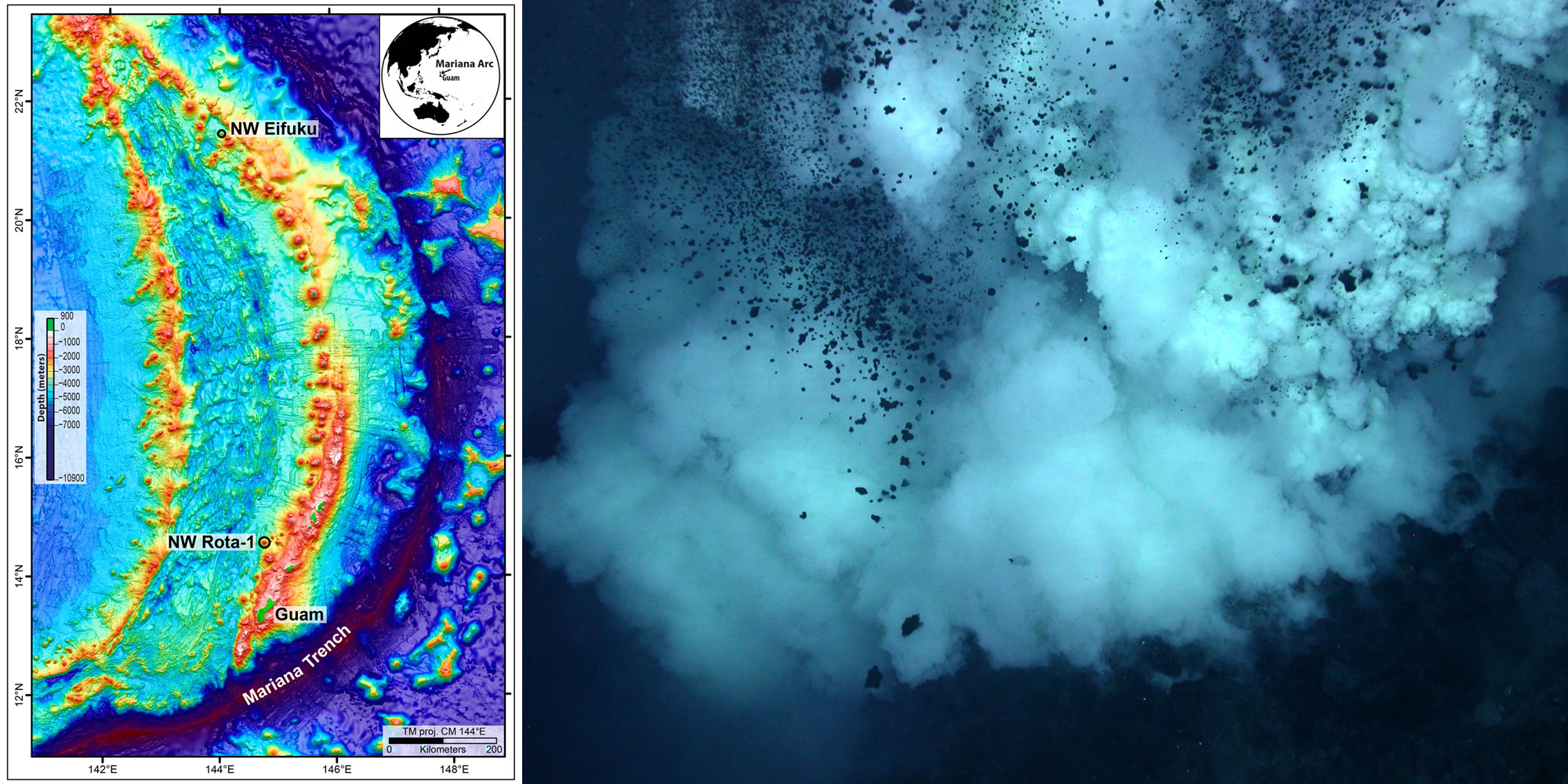 2-Panel image. Panel 1: Relief map the the Mariana Trench and surrounding area showing the location of NW Rota-1 volcano. Panel 2: Photo of an underwater eruption of the NW Rota-1 volcano showing rock and gas.