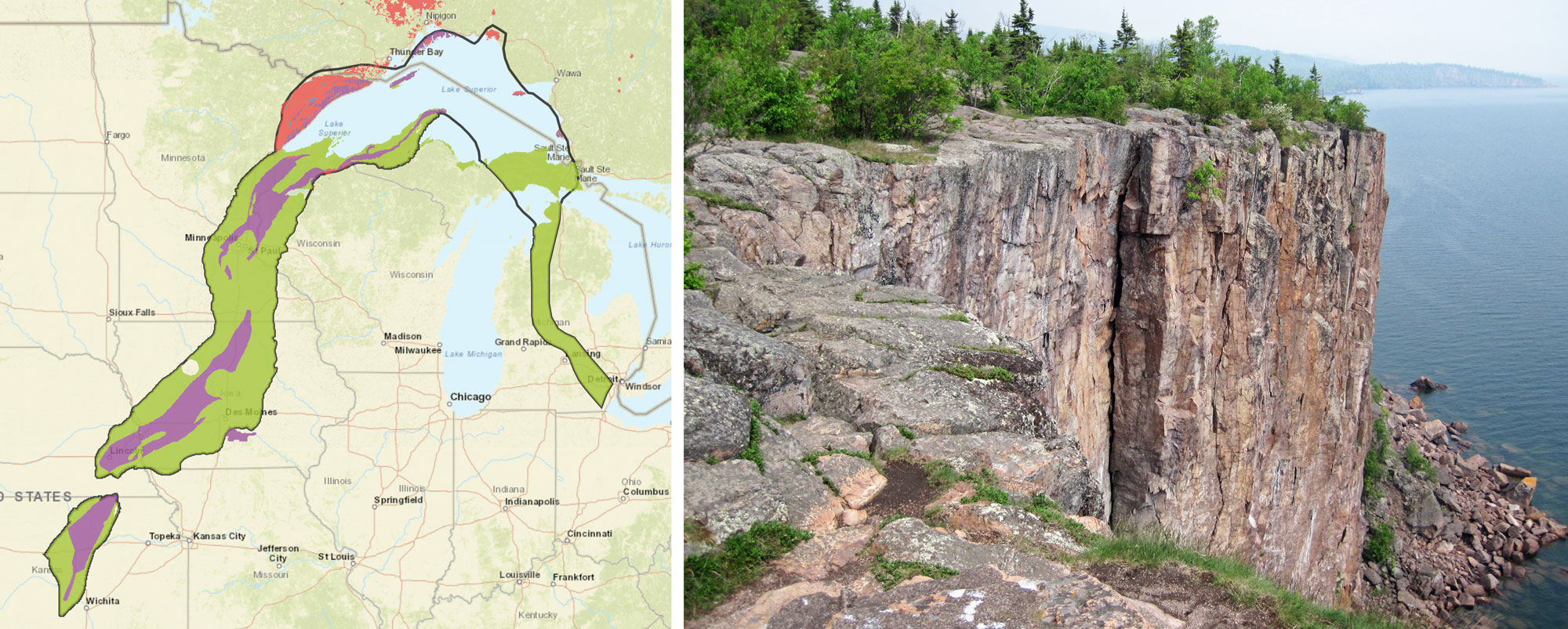 Two-panel image of the Midcontinent Rift System. Panel 1: Map of a portion of the Midwestern U.S. with the boundaries of the rift indicated by a black line. Sedimentary, metaphoric, and igneous rocks are mapped. Panel 2: Photo of Precambrian rhyolite forming a cliff on the edge of Lake Superior in Minnesota. The rhyolite has a pinkish color.