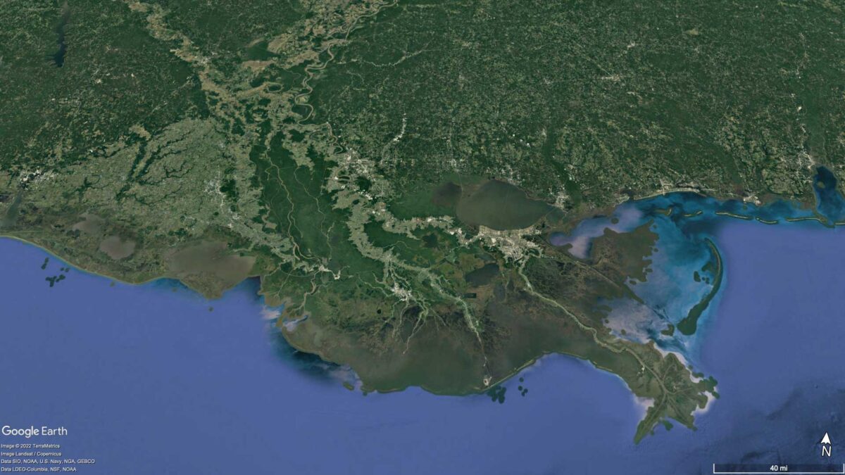 Satellite image from Google Earth of the Mississippi River Delta.