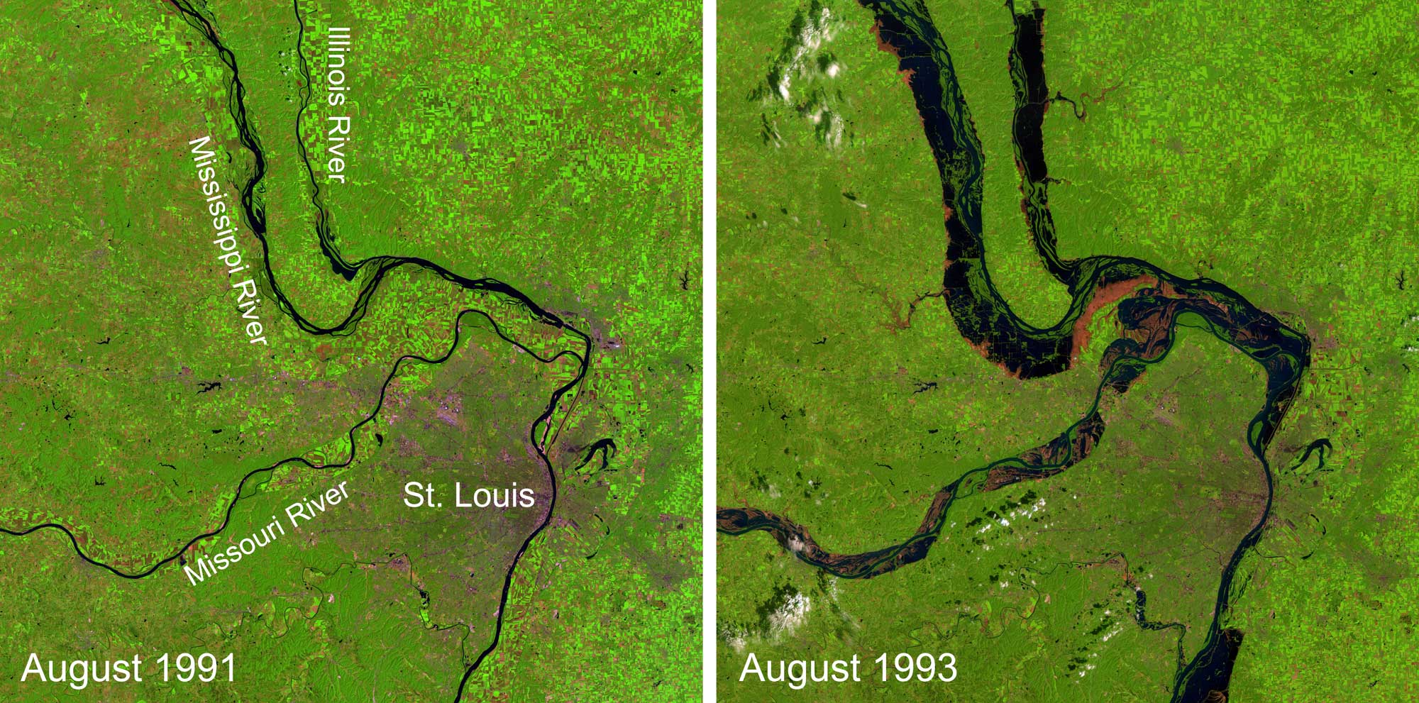 Two satellite map images that show the confluence of the Missouri and Mississippi rivers in 1991 and 1993 when flooding occurred.
