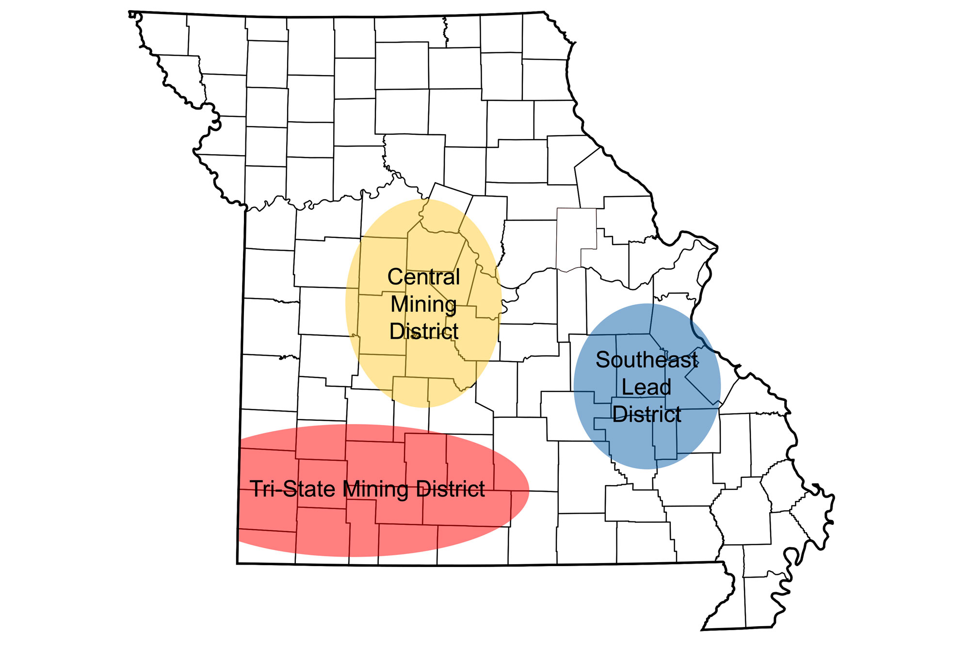 Map showing the locations of the three major lead mining districts in Missouri.
