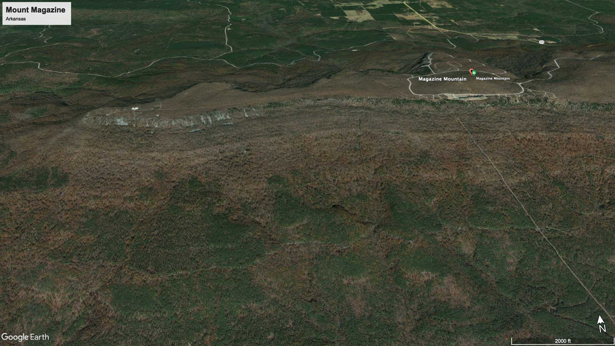 Satellite image of Mount Magazine, Arkansas.