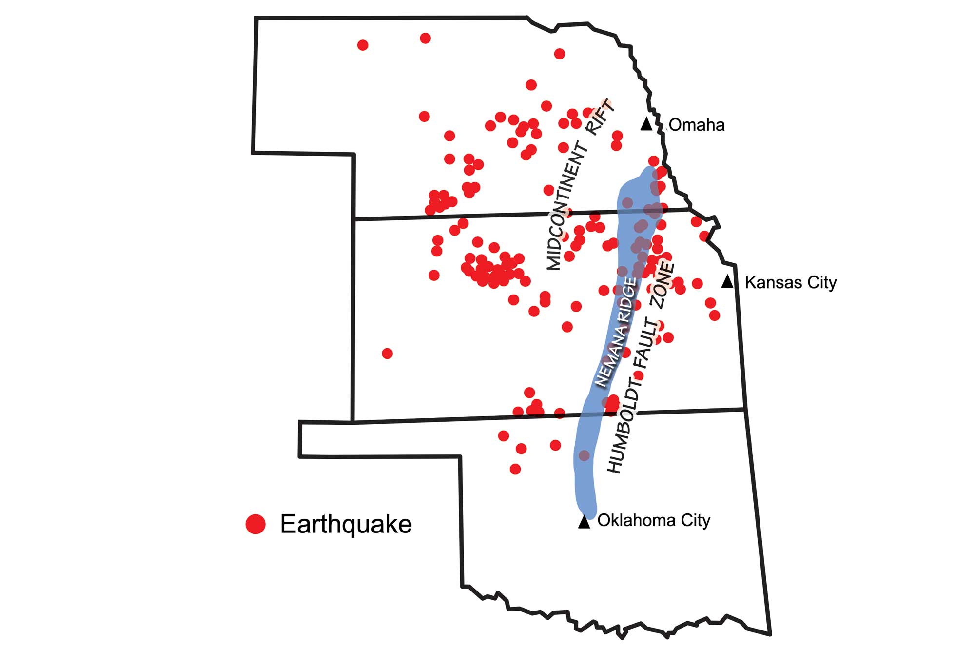 Map showing the positions of the Nemaha Uplift and Humboldt fault zone in Oklahoma, Kansas, and Nebraska.