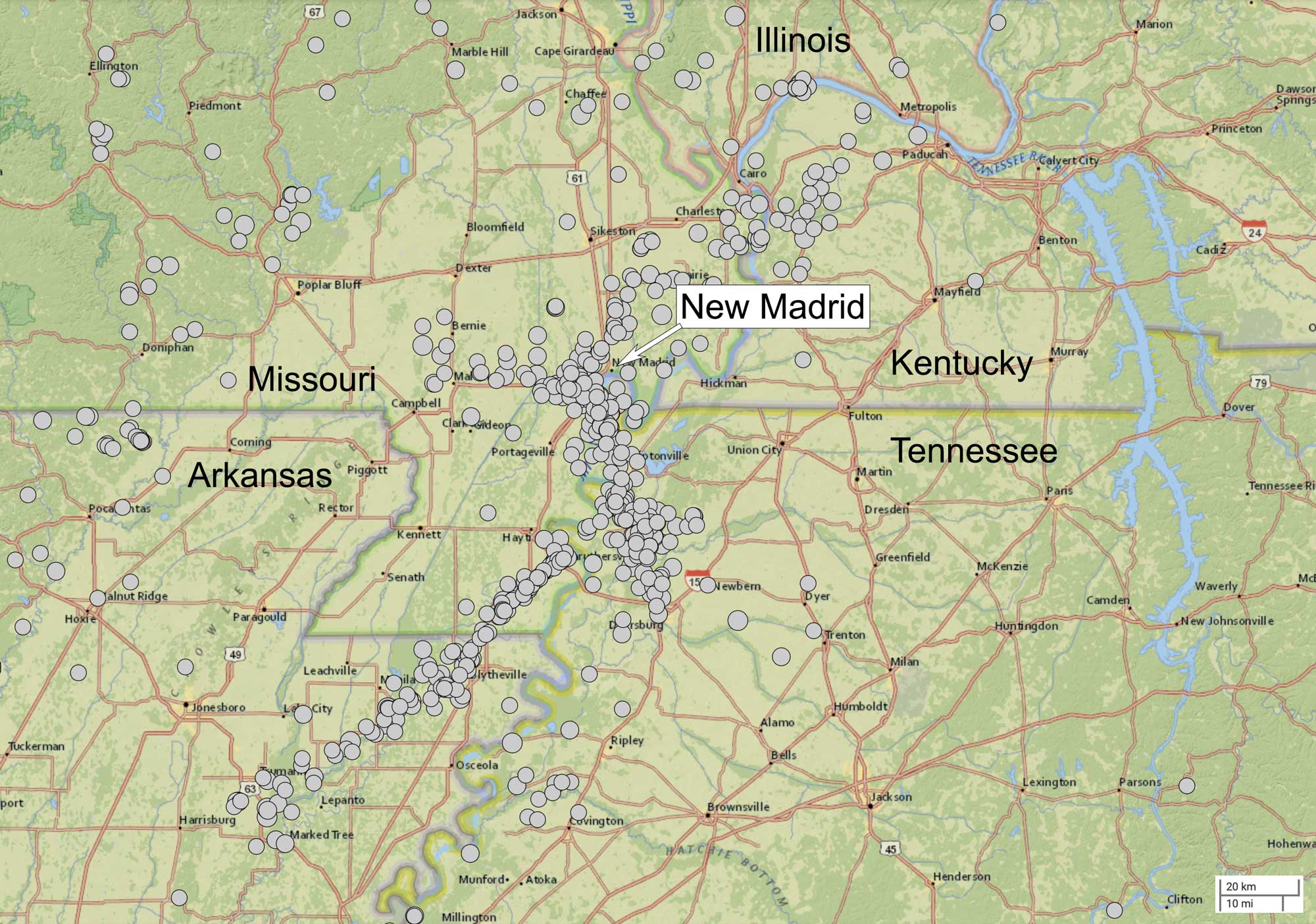 Map showing the epicenters of earthquakes in the New Madrid seismic zone from 1950 to 2022.