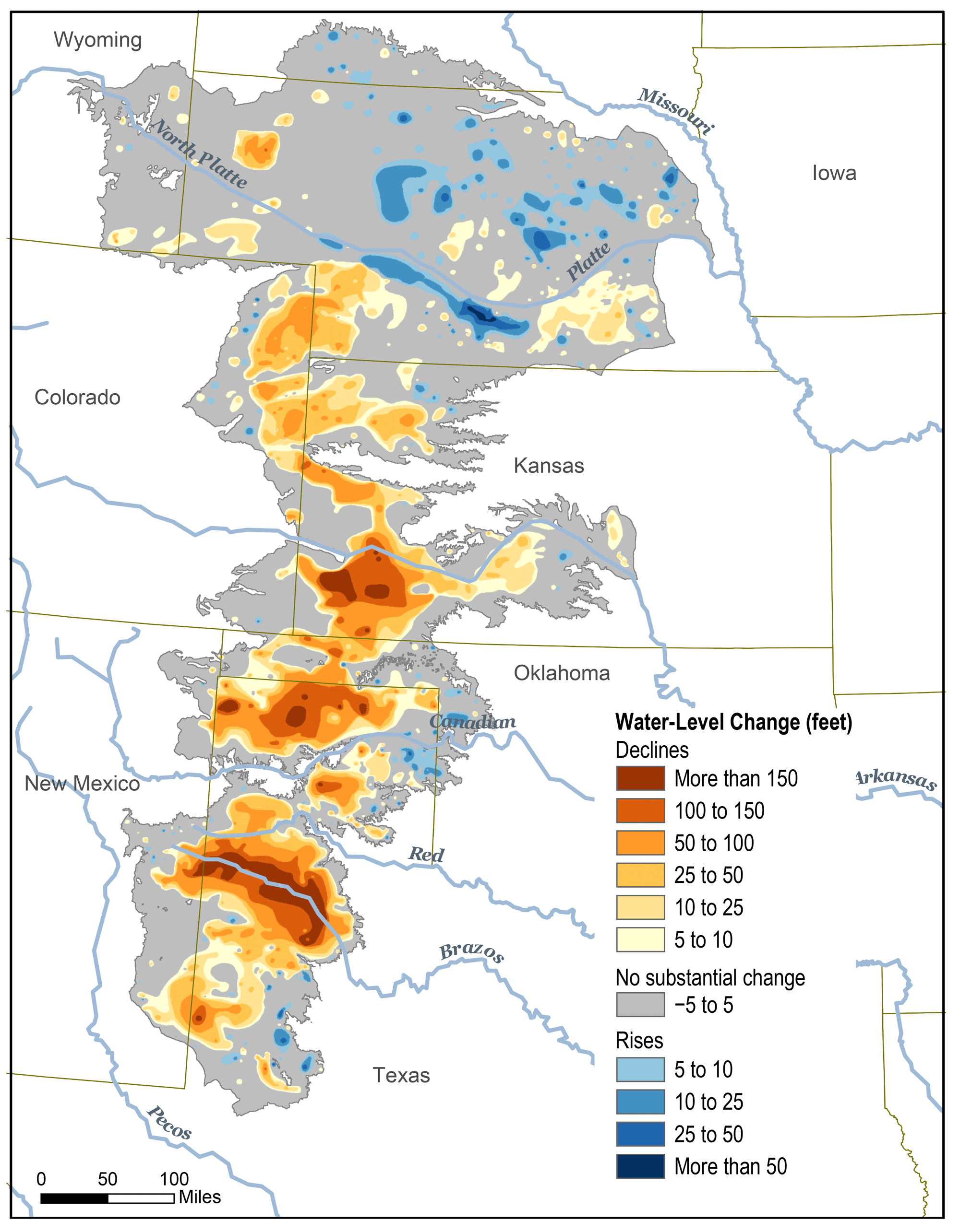 Map of the central United States showing changes in water availability in the Ogalalla aquifer up to 2015.