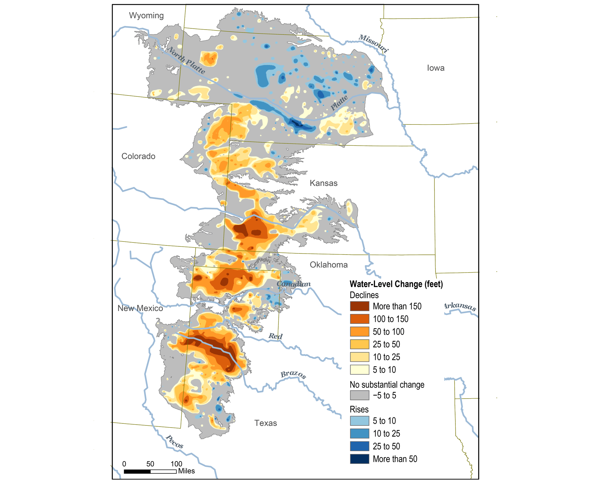 Map of the central U.S. showing the boundaries of the Ogallala aquifer. Colors on the image indicate the water level relative to the original water level of the aquifer before people starting pumping water out of it. In many areas of the aquifer, water levels have declined, sometimes by more than 150 feet.