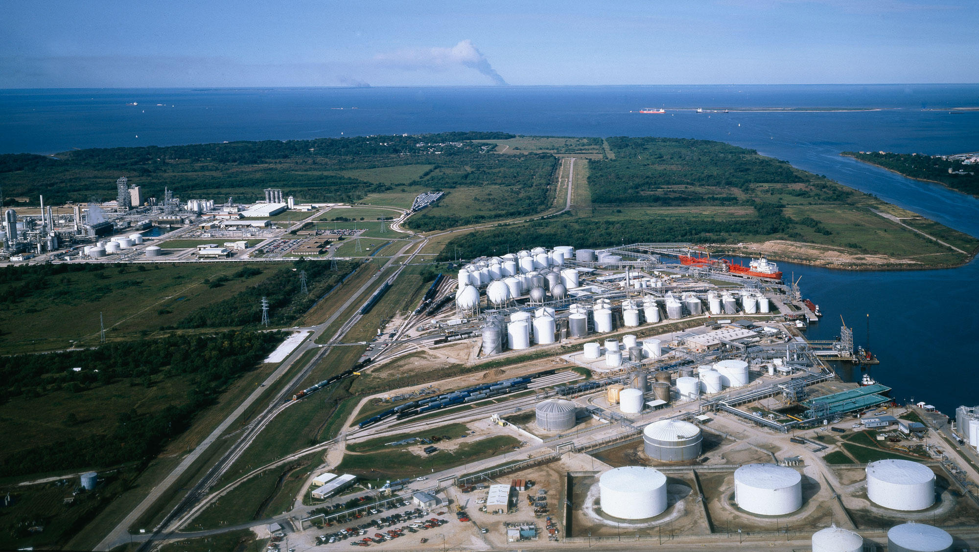 Aerial photograph of an oil refinery on the Texas Gulf Coast.