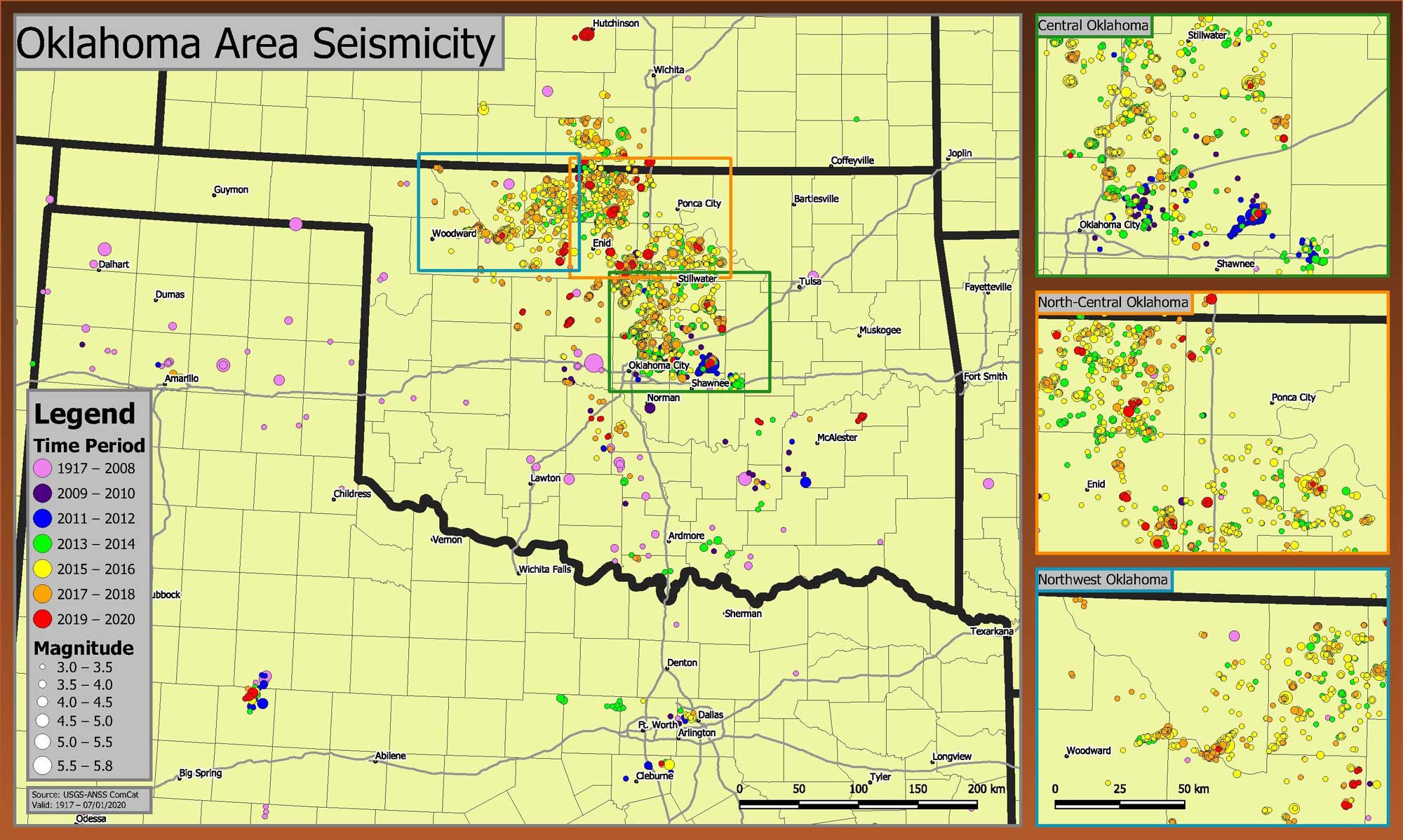 Map showing seismicity patterns in Oklahoma between the period of 1917 and 2020. Earthquakes have become much more common in recent years.