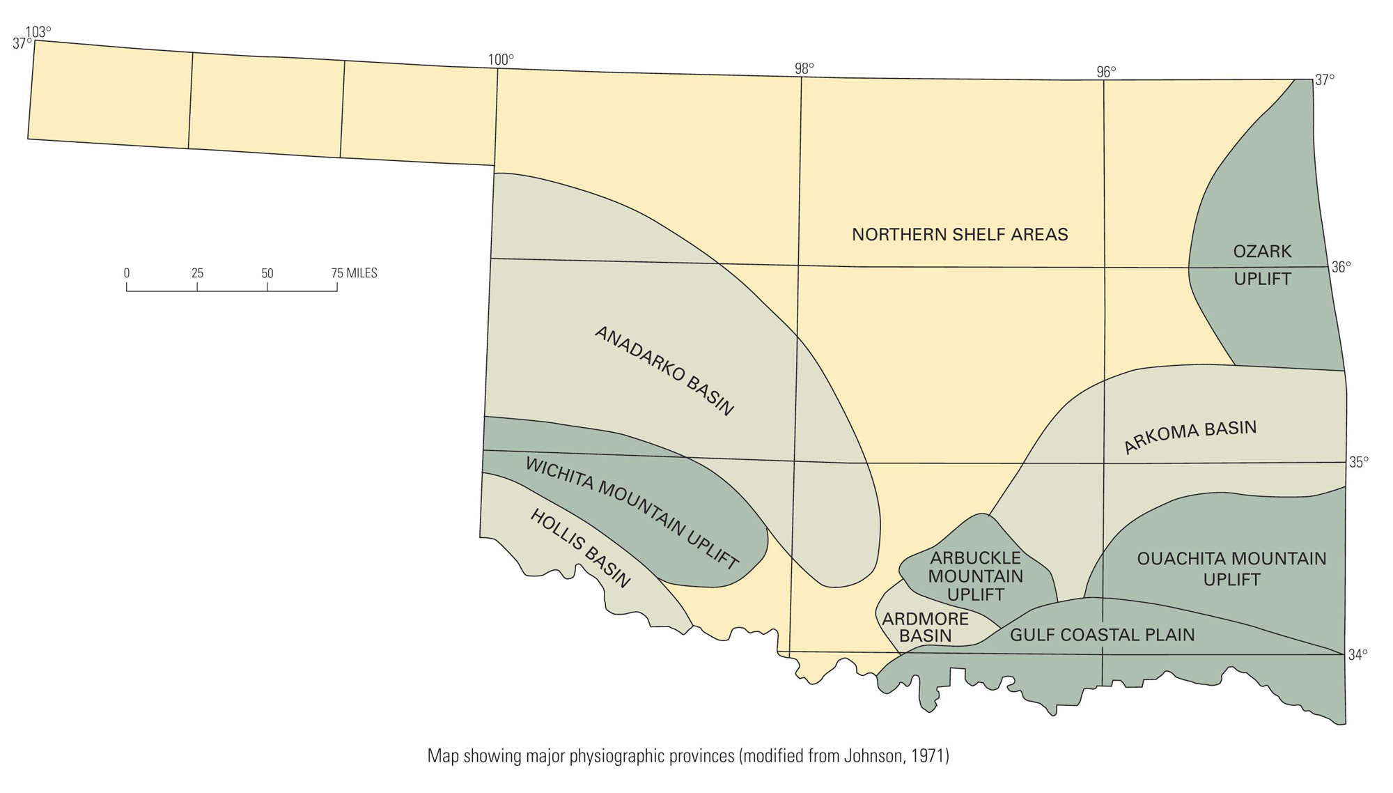 Map of Oklahoma showing the locations of uplifts and basins in the state. The Wichita Mountain uplift is in the southwestern part of the state, whereas the Arbuckle Mountain uplift is the the south-central part of the state.