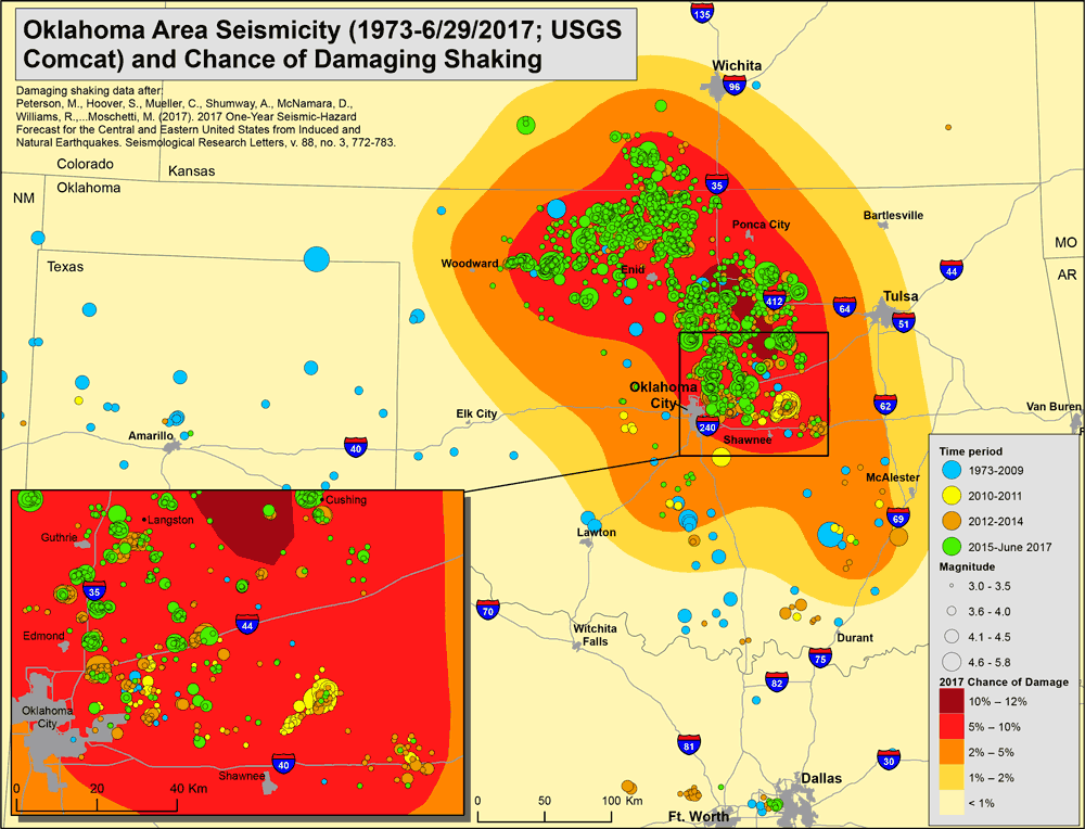Map of Oklahoma and surrounding region showing state borders. Earthquake are mapped using circles that are color-coded by time interval in which they occurred. The size of the circles corresponds to the magnitude of the earthquake. Background shading indicates risk of earthquake damage for 2017. The map shows recent earthquakes clustered in the Oklahoma City region and to the north into southern Kansas. Most appear to have occurred from 2015 to June 2017.