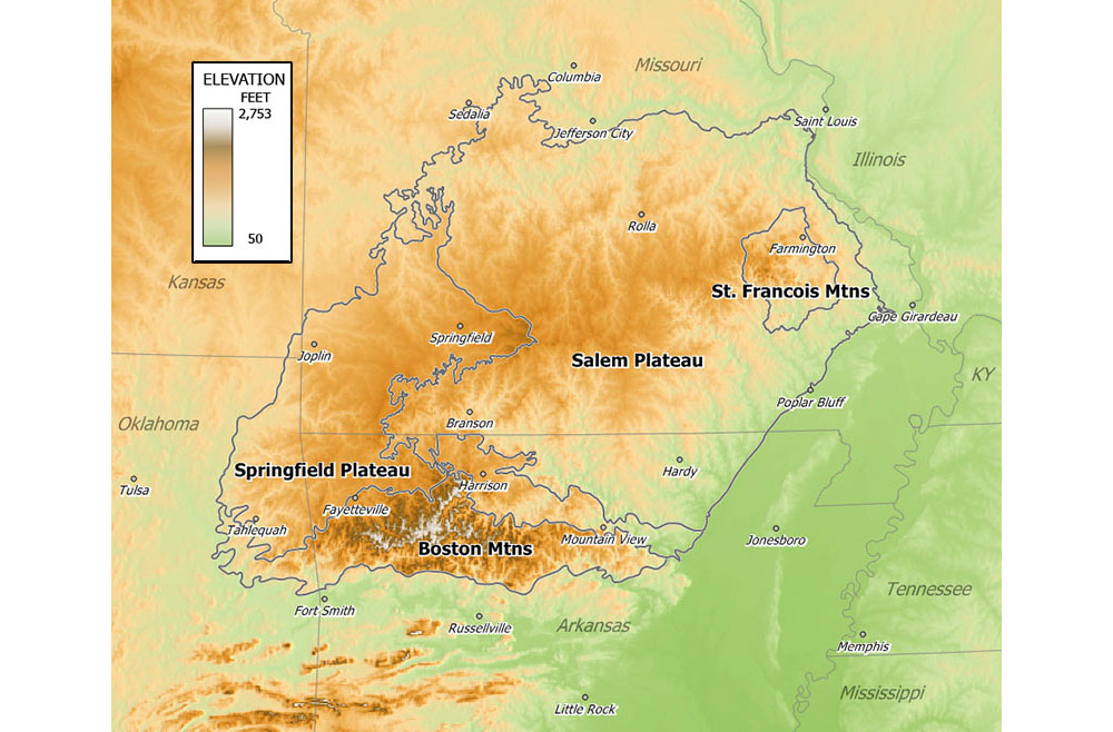 Elevation map of the Ozark Mountains in southern Missouri, northwestern Arkansas, and northeastern Oklahoma. The map shows elevations from 50 to 2753 feet.