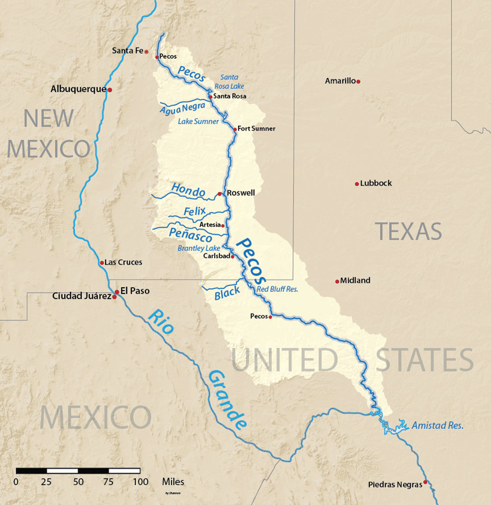 Map showing the extent of the Pecos River Valley and watershed.