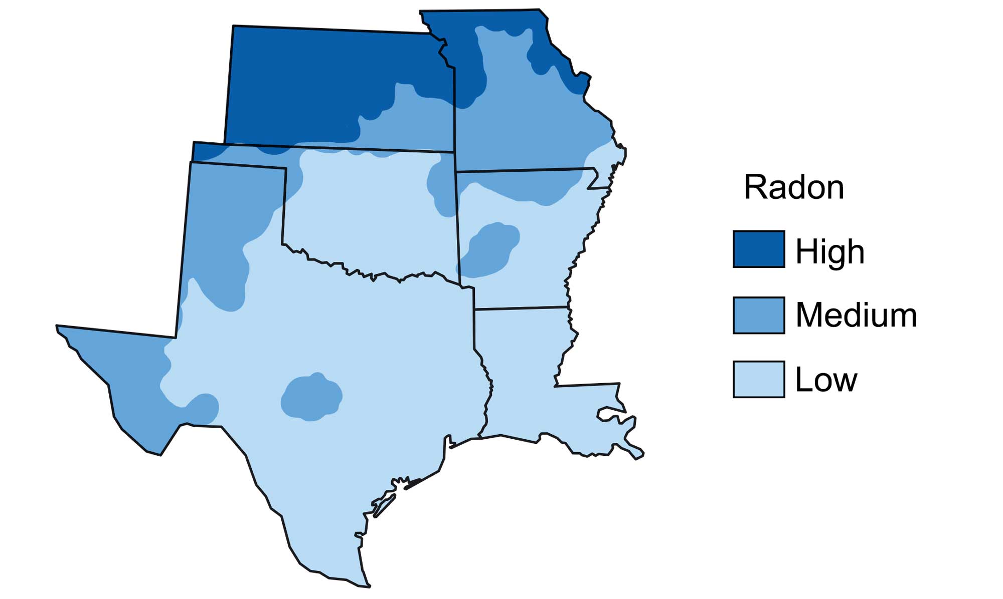 Map of the South Central United States showing radon levels across the region.