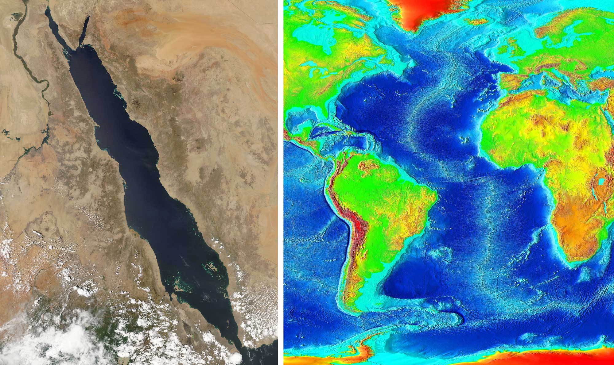 2-Panel image of rift zones. Panel 1: Satellite image of the Red Sea, a narrow sea that formed in a rifted area. Panel 2: False-color image of the Atlantic ocean showing the mid-Atlantic ridge running between the Americas and Greenland in the west and Europe and Africa in the east. Iceland sits on the ridge.