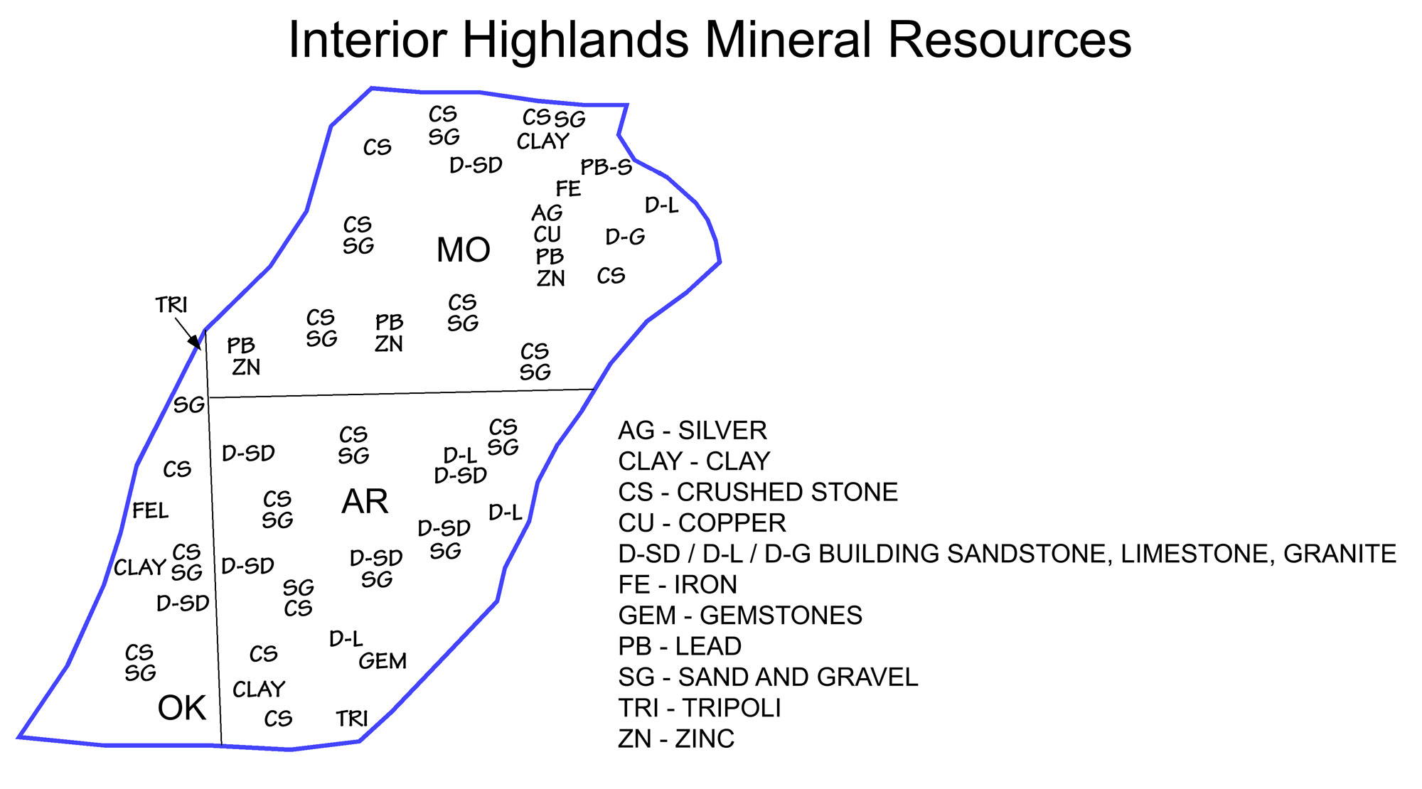 Map showing the locations of different types of mineral resources in the Interior Highlands region of the South-Central United States.