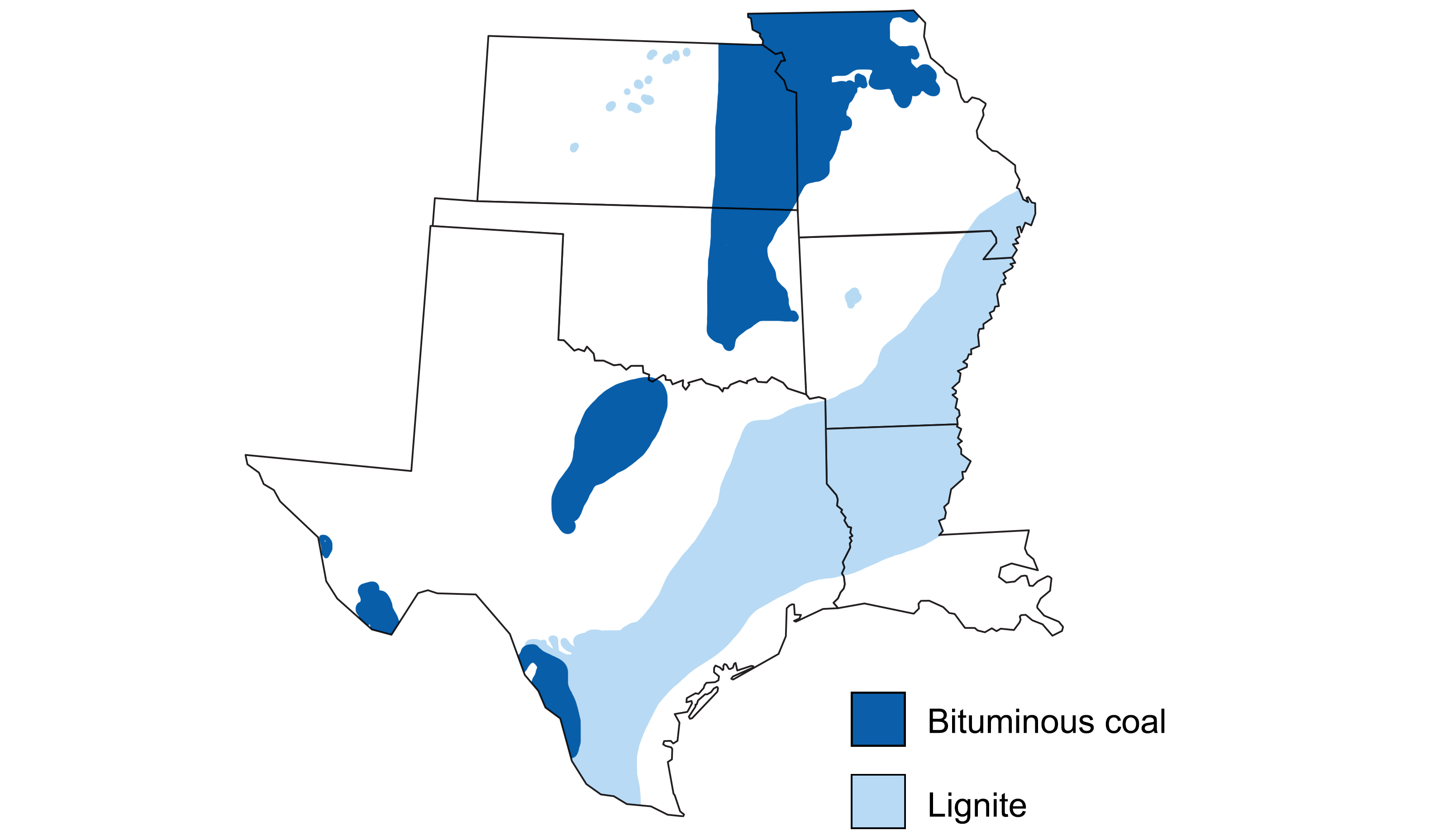 Map of the south-central U.S. showing state boundaries, with shading to show locations of bituminous coal deposits (dark blue) and lignite deposits (light blue).