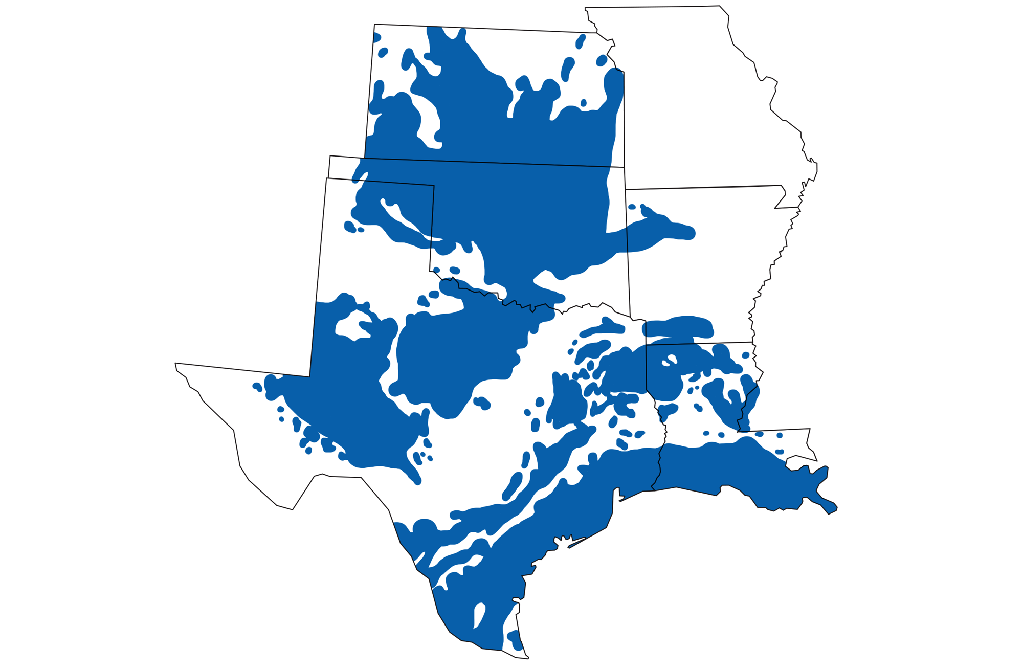 Map of the south-central U.S. showing state borders with areas of oil and gas production shaded in blue. Much of Kansas, Oklahoma, Texas, and Louisiana are shaded, with a little shading in northwestern and southwestern Arkansas.
