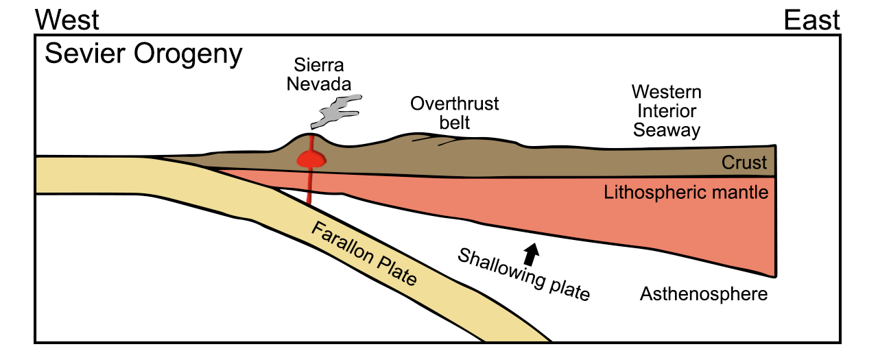 Diagram of the Sevier Orogeny. West is on the left, east on the right. The diagram is a cross-section of the Earth's surface showing the Farallon Plate subducting beneath the North American Plate. Near the subduction zone, magma wells up in the Sierra Nevada. Further inland (east) is an overthrust belt and the Western Interior Seaway.