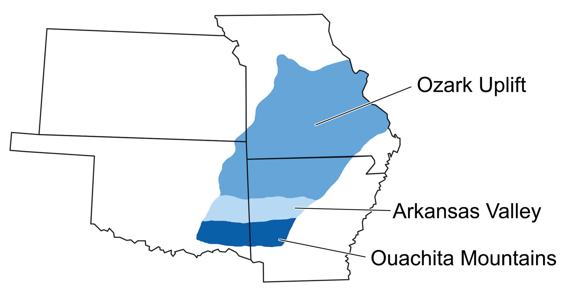 Simple map showing the three major topographic divisions of the Interior Highlands, including the Ozark Uplift, the Arkansas Valley, and the Ouachita Mountains.