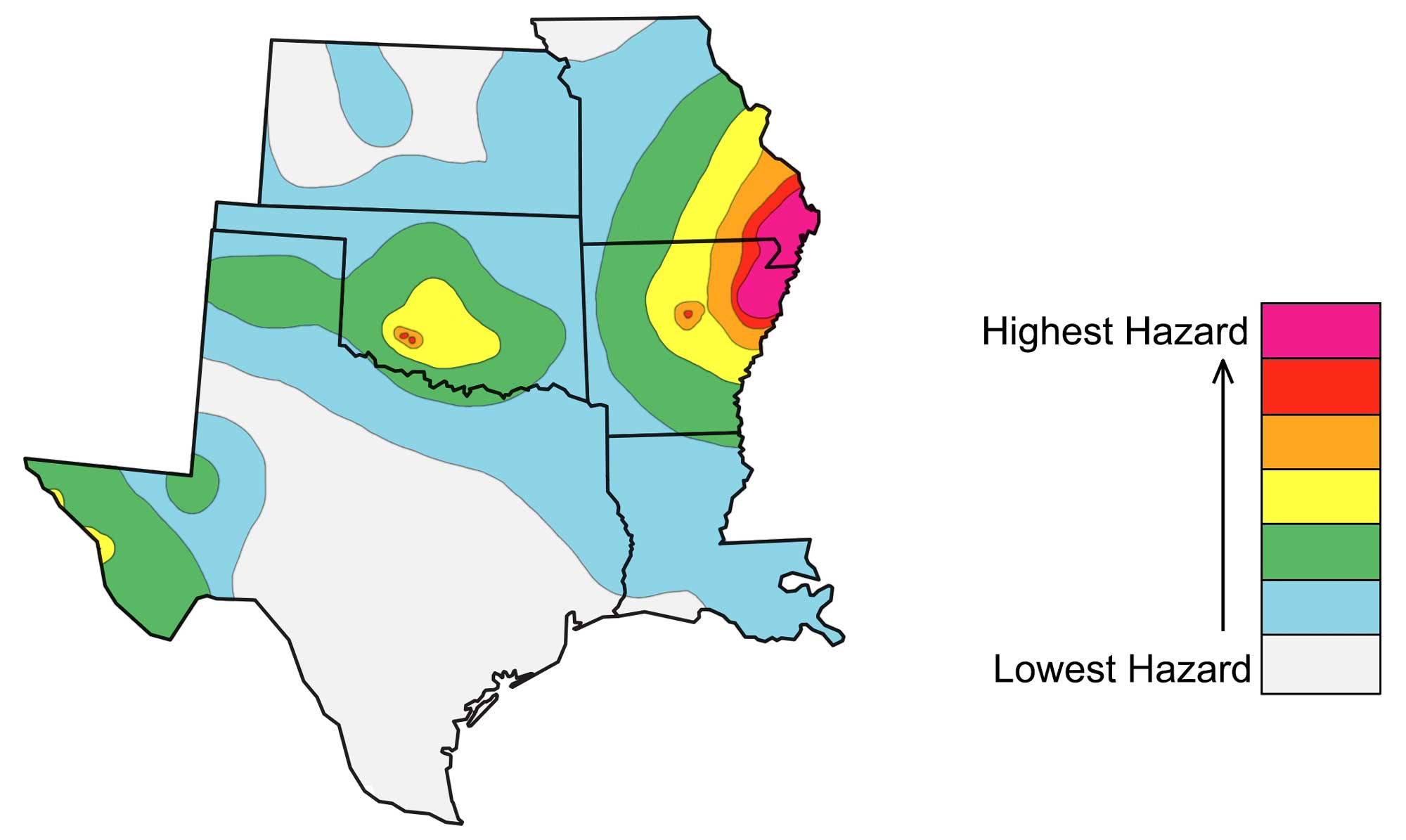 Map of the South Central United States showing regions of highest and lowest hazard. The region around New Madrid, Missouri has the highest hazard level.