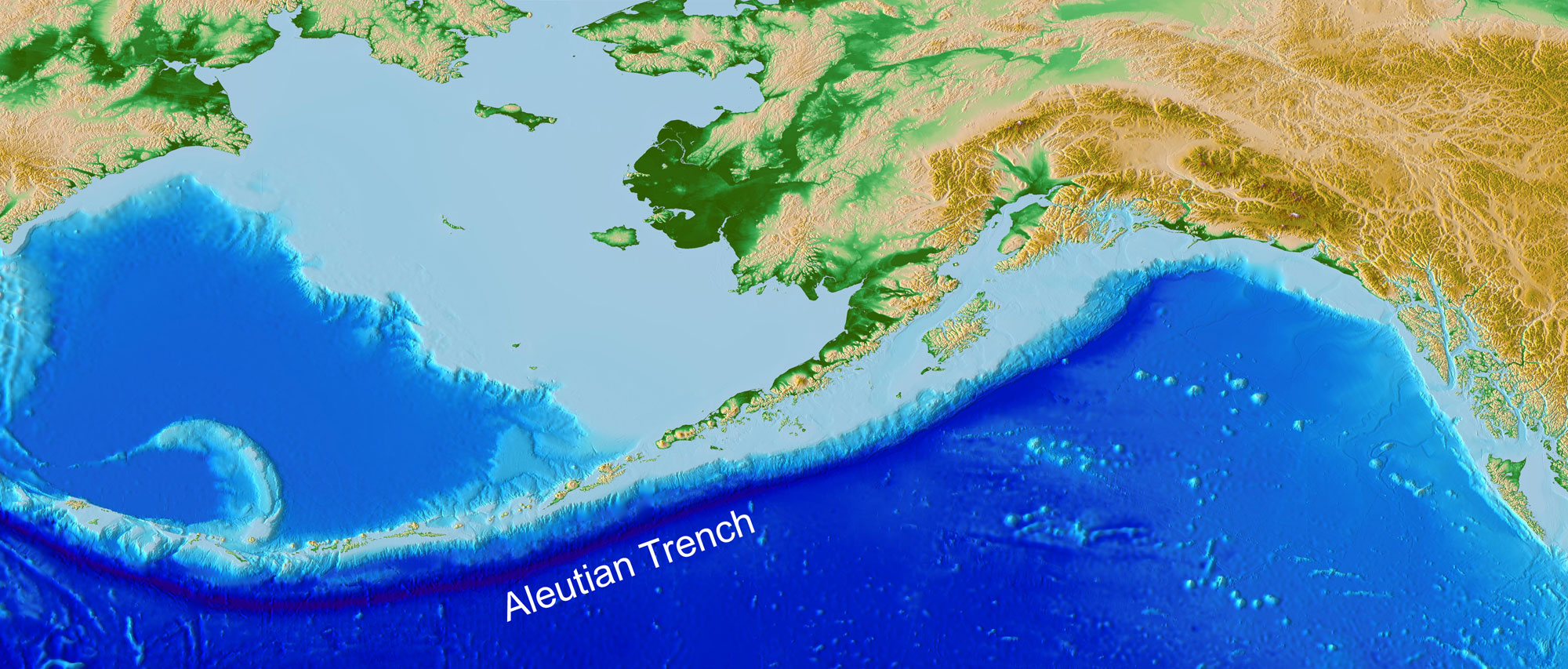 Relief map showing ocean depth around the Aleutian Islands. The Aleutian Trench clearly marks the subduction zone bordering the south side of the island chain.