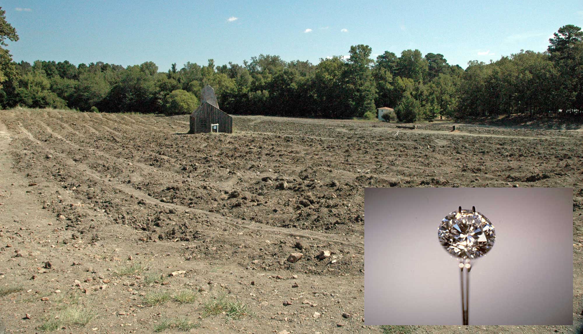 Photograph of collecting fields at Crater of Diamonds State Park in Arkansas, as well as an inset photograph of the Strwan-Wagner diamond.