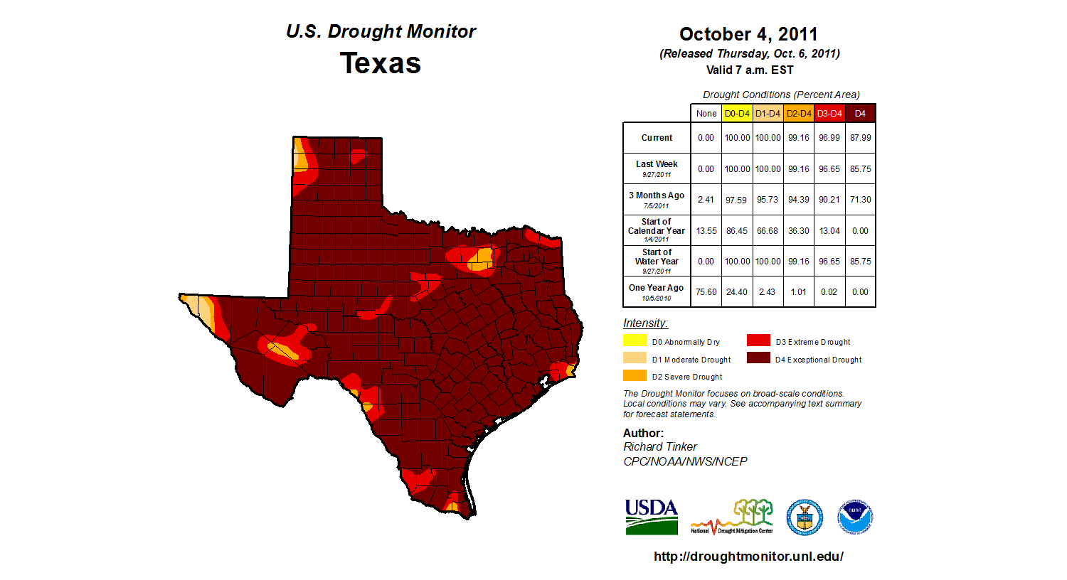 Map of Texas showing the extent of the 2011 drought on October 4, 2011. Nearly all of the state is classified as the highest level of drought, Exception Drought, indicated by a deep red-brown color.