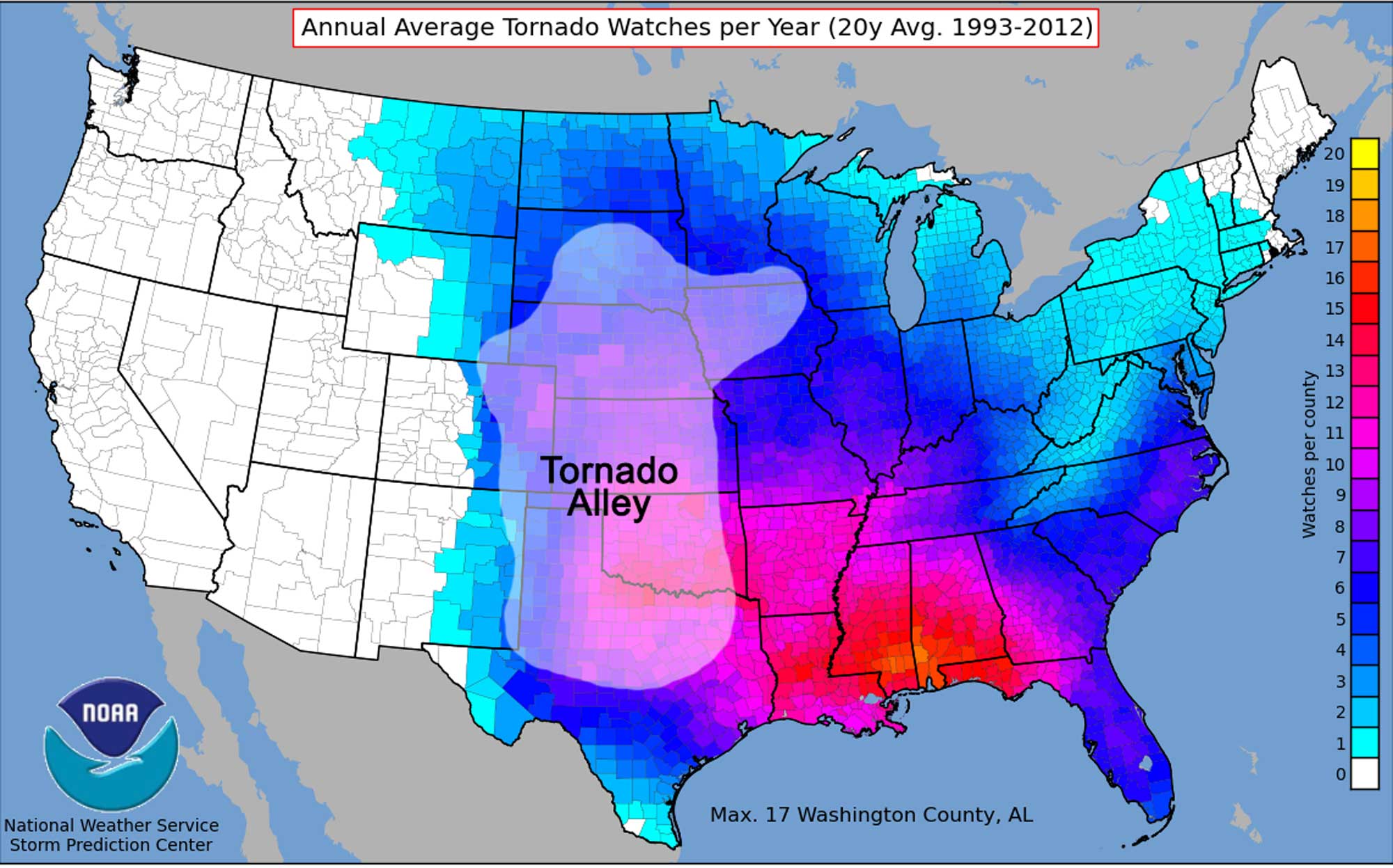 Map of the United States showing the frequency of tornado watches in individual counties, with a region in the central U.S. known as "Tornado Alley" identified.