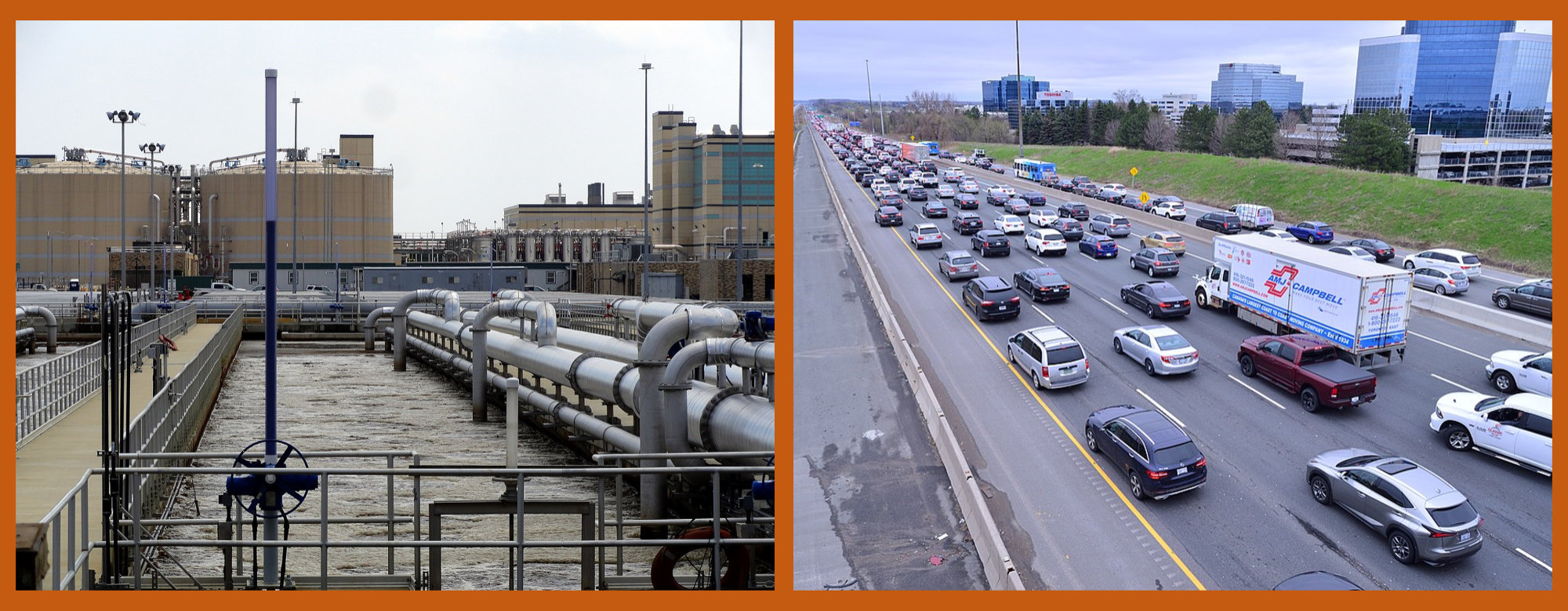 Photos of a wastewater treatment plant and cars in a highway traffic jam.