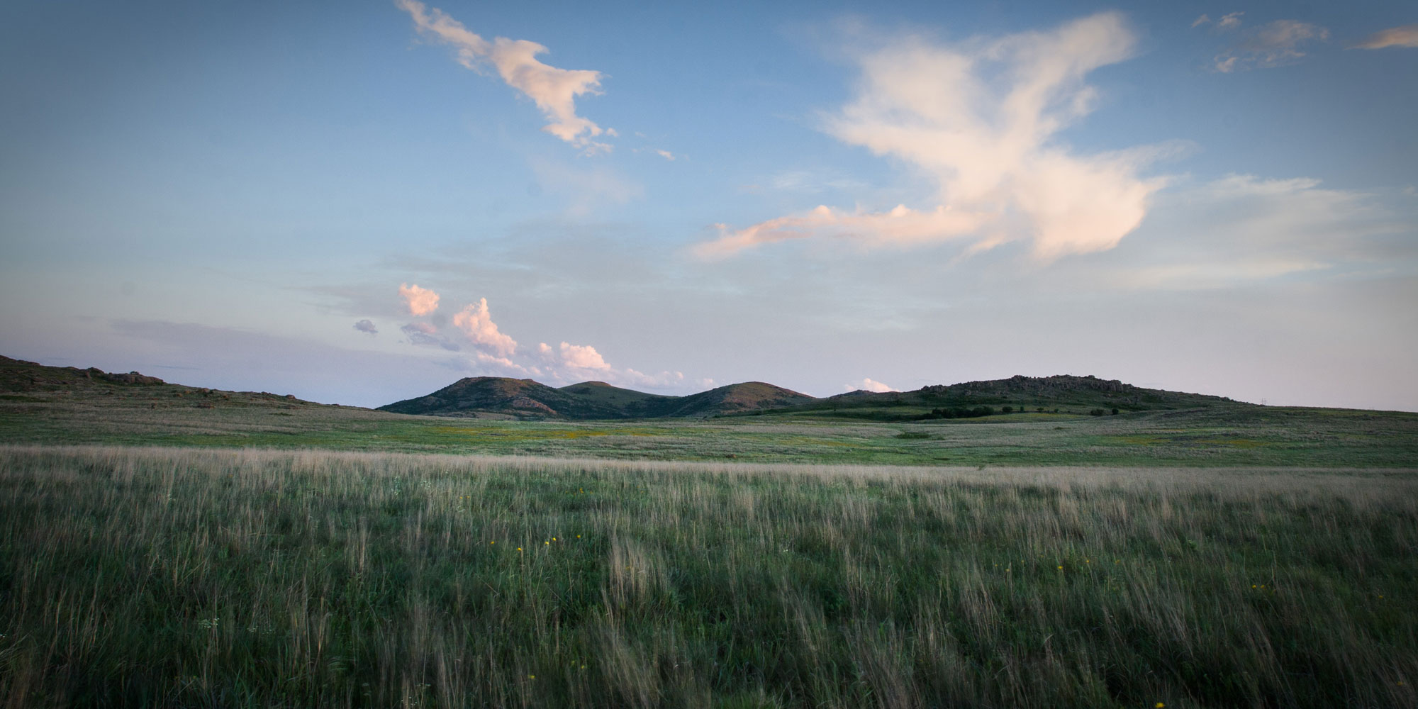 Photograph of tallgrass prairie with Wichita Mountains on the horizon and blue sky with wispy clouds. Photo taken in Oklahoma.