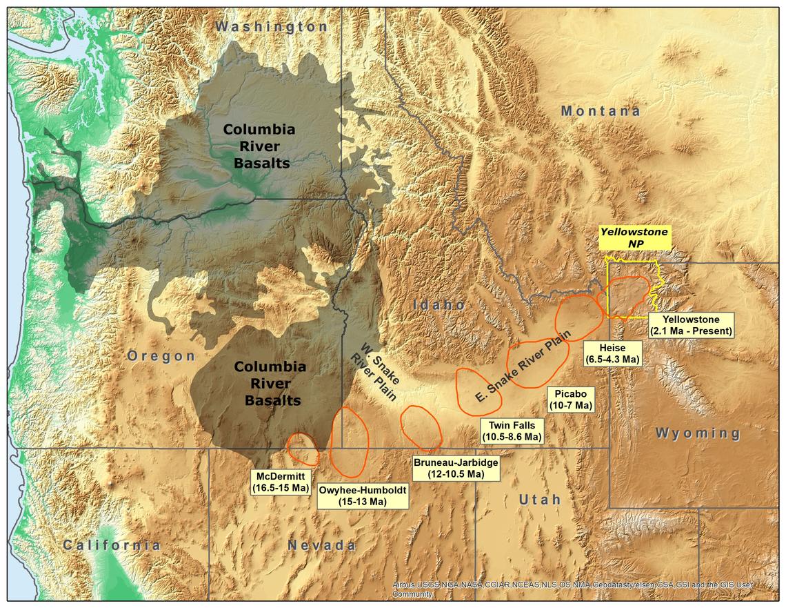 Relief map of the northwestern region of the contiguous U.S. showing the position of the Yellowstone hot spot over time as indicated by volcanic rocks. At about 16.5 million years ago, it was on the Oregon-Nevada border. It has gradually moved northeast, and is now on the Wyoming-Idaho border.