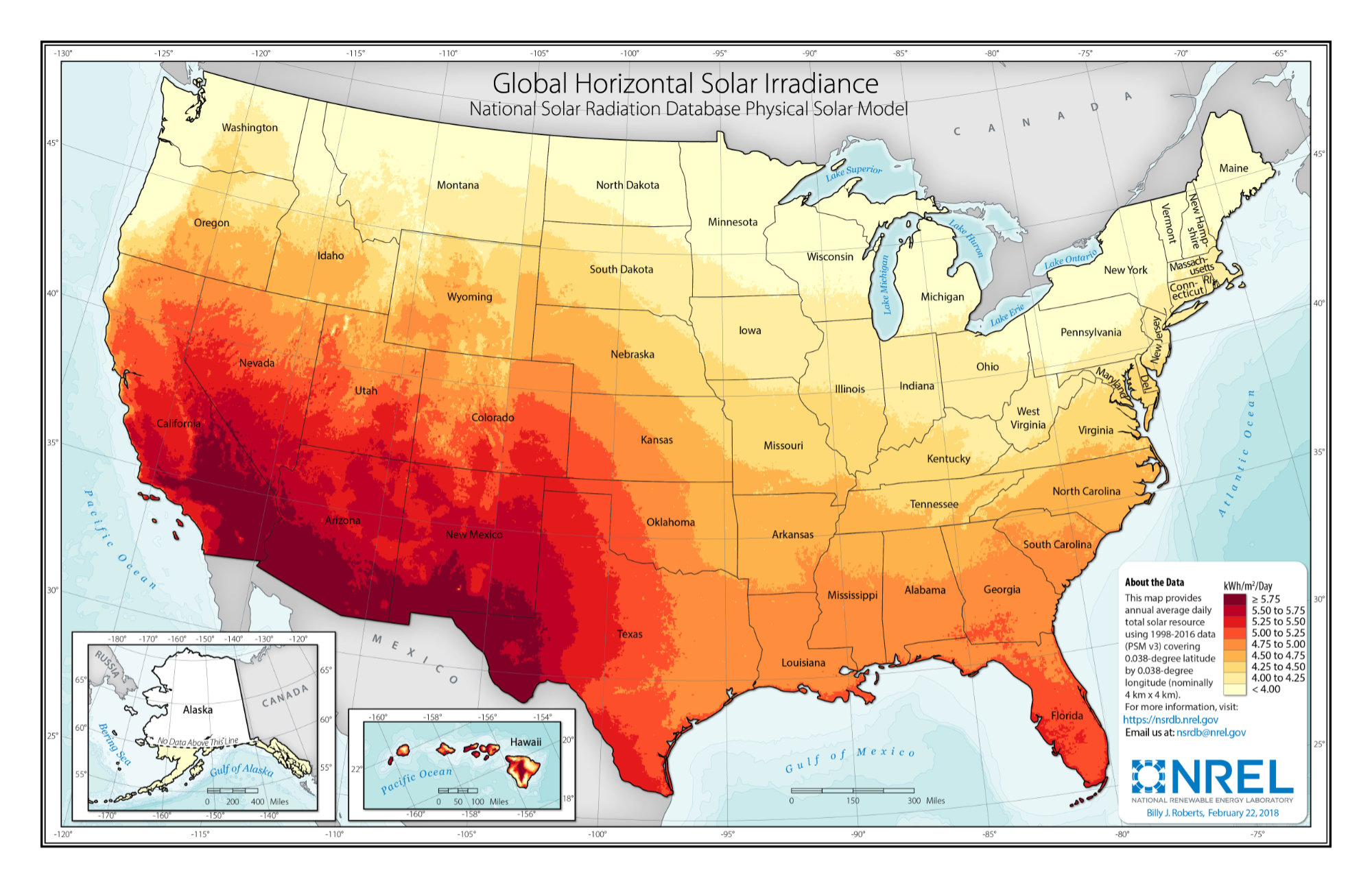Map of solar energy potential in the US, showing highest potential in the southwest, Florida, and Hawaii.