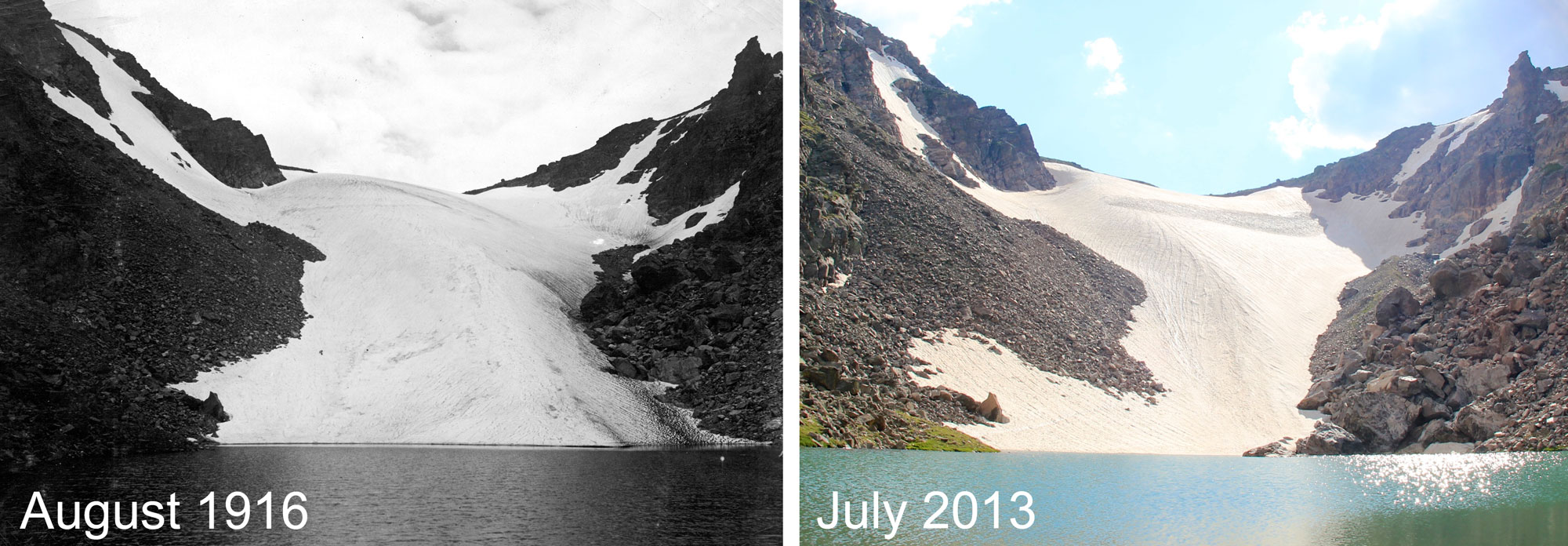 2-panel image showing Andrews Glacier in August 1916 (left) and July 2013 (right). The glacier occurs in a saddle between two slopes and flows downhill, ending at the shore of a lake. In 1916, the glacier appears slightly more massive than in 2013.