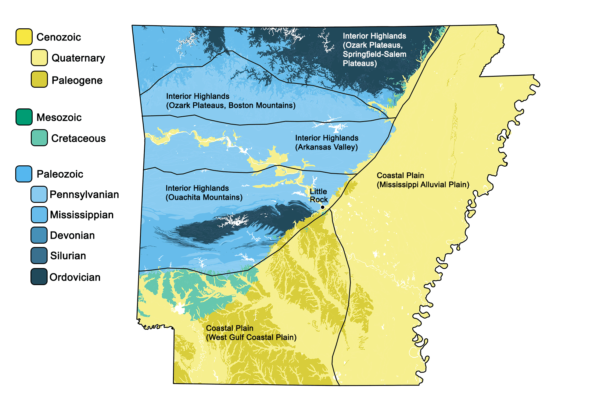 Geologic map of Arkansas with physiographic regions identified.