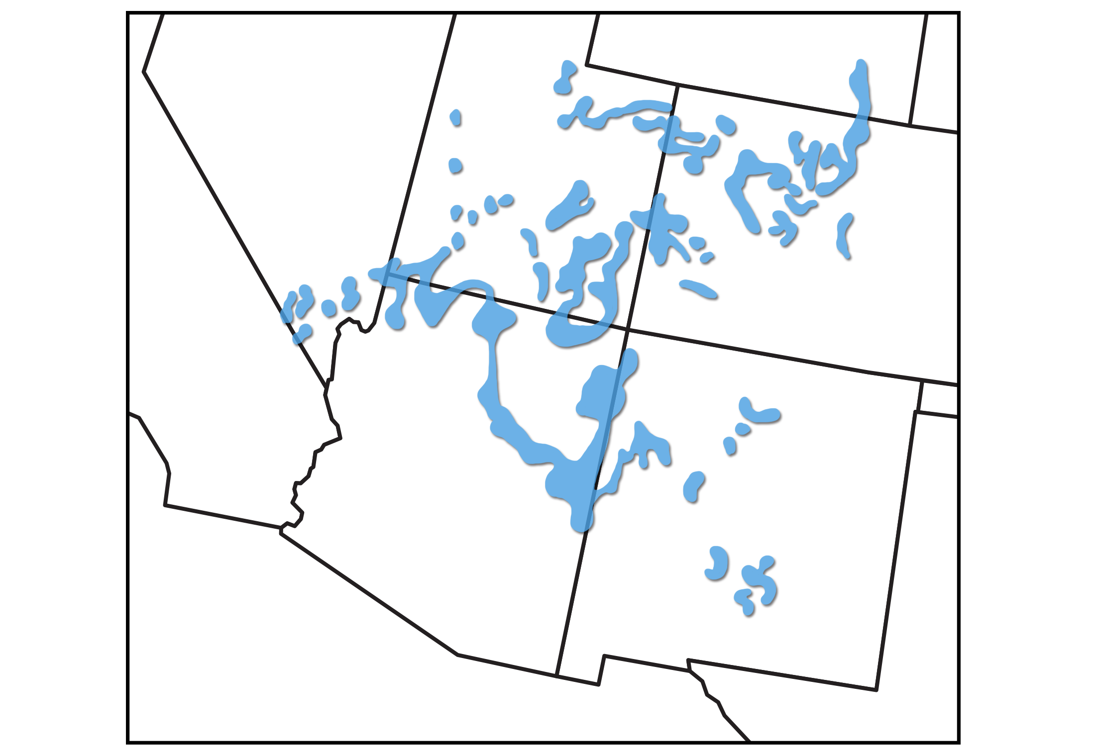 Map of the southwestern area of the United States showing the extent of the Triassic Chinle Formation. The formation is found sporadically throughout Utah, in western Colorado, in northern Arizona, in southern Nevada, in southeastern Wyoming, and in New Mexico.