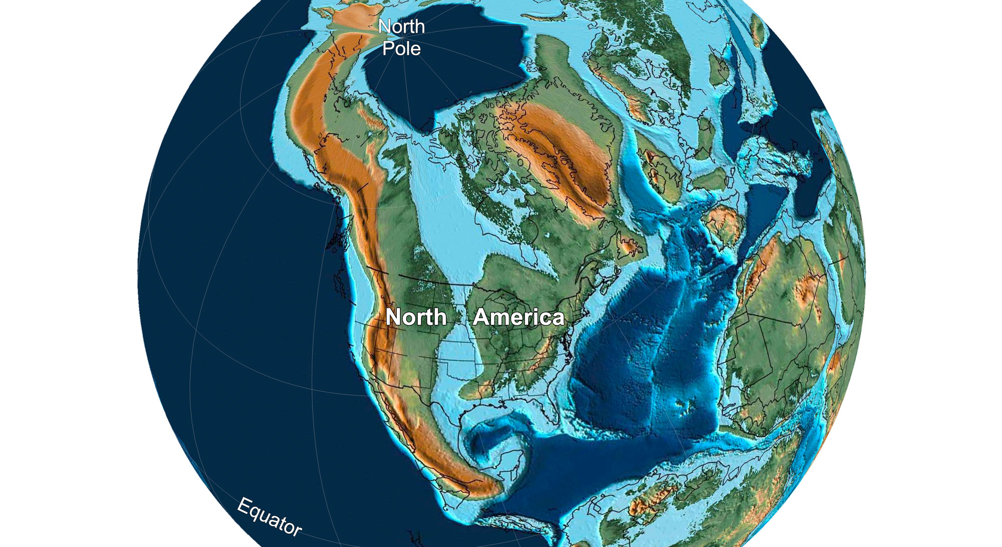 Illustration showing a reconstruction of the globe about 100 million years ago, centered on North America. At this time, North America is divided north-to-south by the Western Interior Seaway.