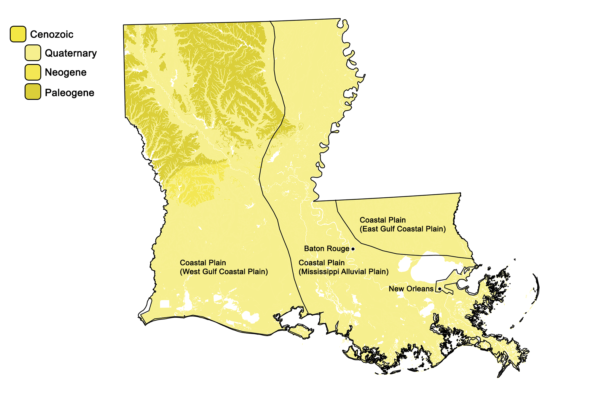 Geologic map of Louisiana with physiographic regions identified.