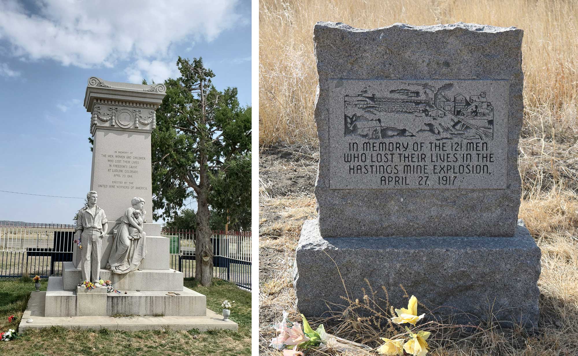 2-Panel image showing photos of monuments near Trinidad, Colorado. Panel 1: Monument to the victims of the Ludlow Massacre. The monument is a square column made out of light gray stone. In front, a man stands next to a women who leans again the column holding a child. Panel 2: Stone monument commemorating the Hastings Mine Explosion. It says "In memory of the 121 men who lost their lives in the Hastings Mine Explosion, April 27, 1917."