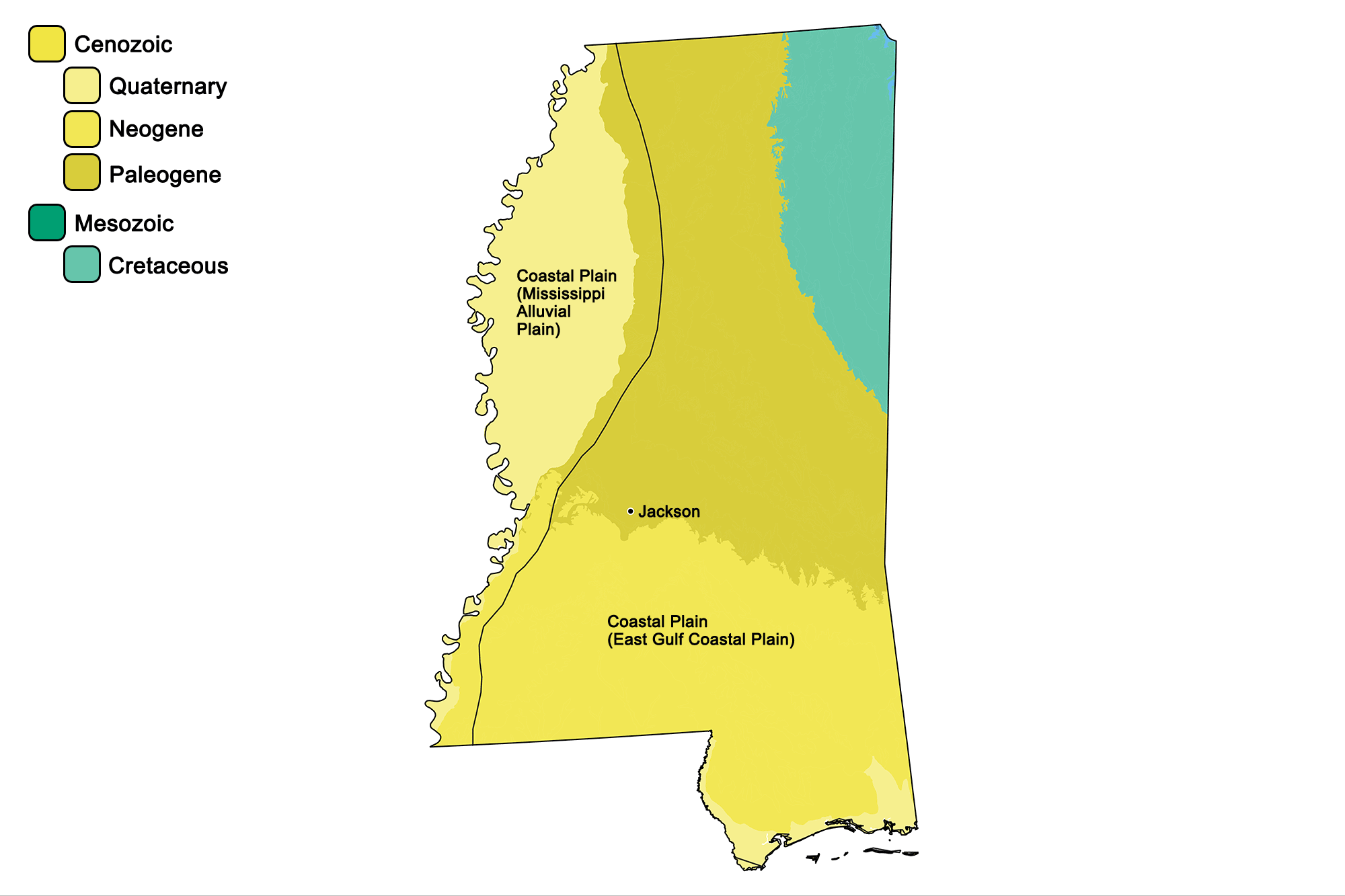 Geologic map of Mississippi with physiographic regions identified.