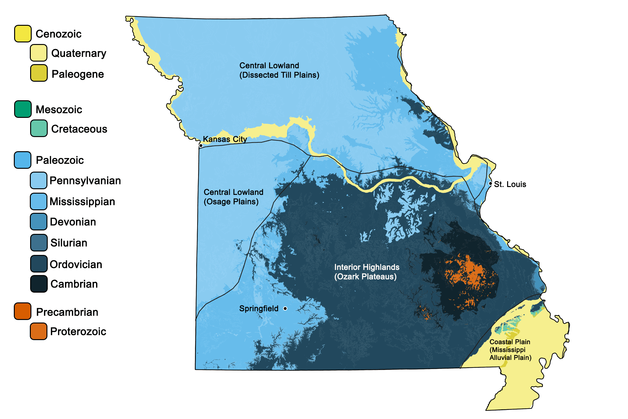 Geologic map of Missouri with physiographic regions identified.