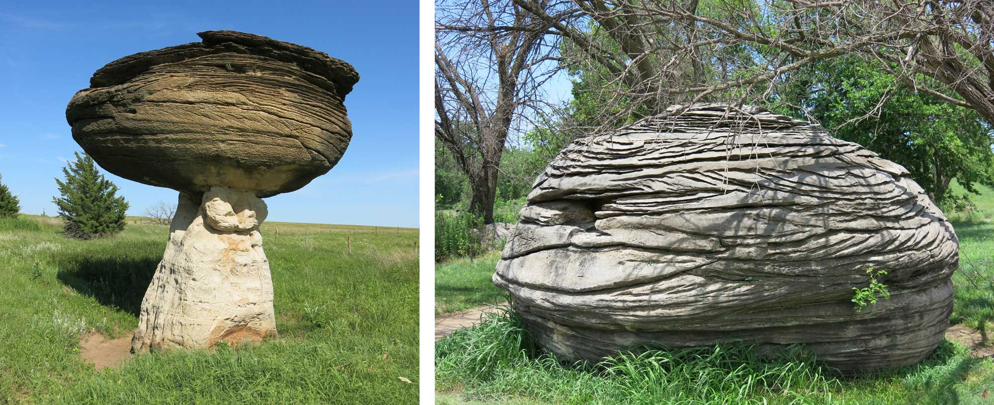 Two photographs of rock formations at Mushroom Rocks State Park in Kansas.
