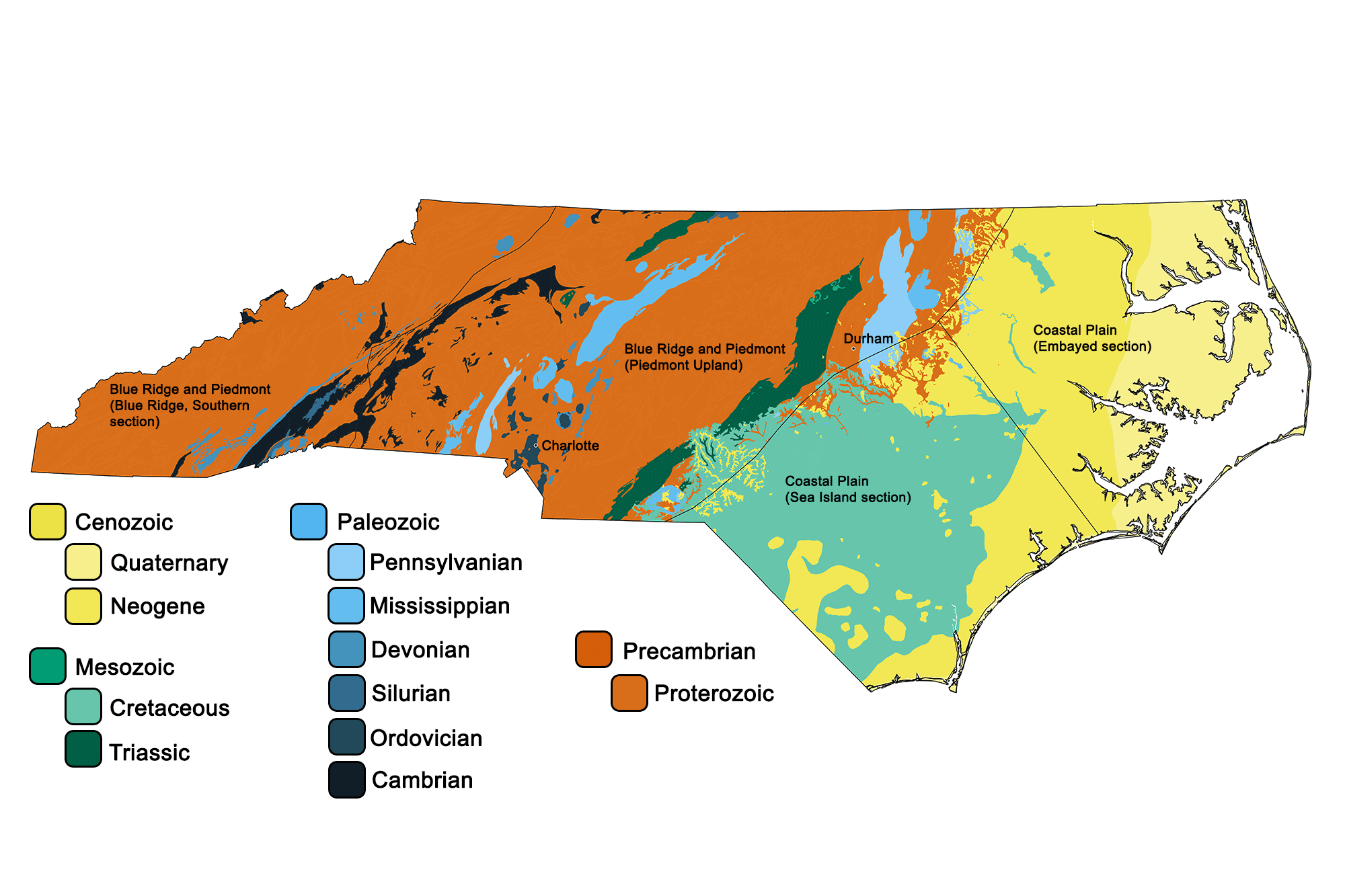 Geologic map of North Carolina with physiographic regions identified.