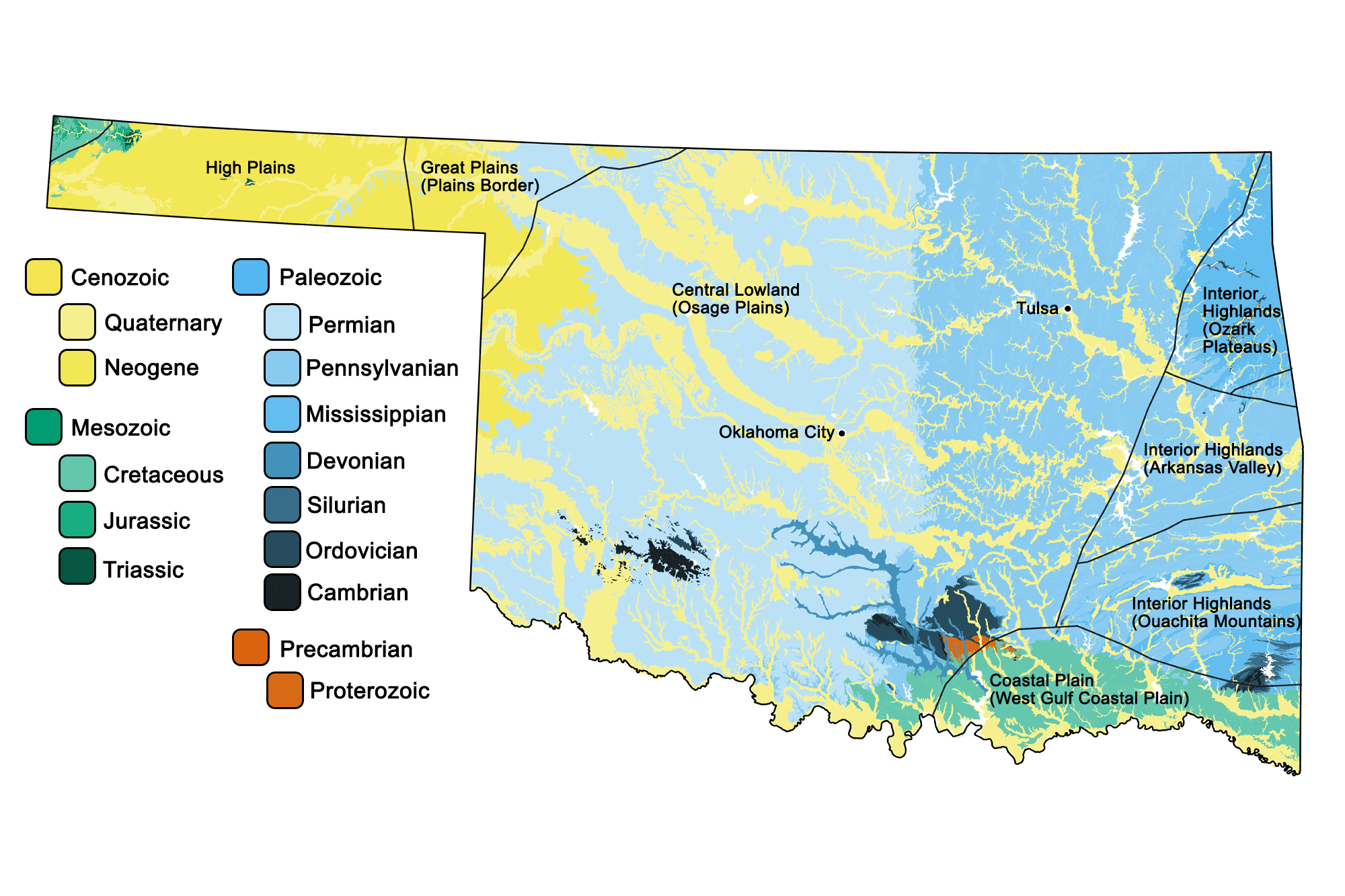 Geologic map of Oklahoma with physiographic regions identified.