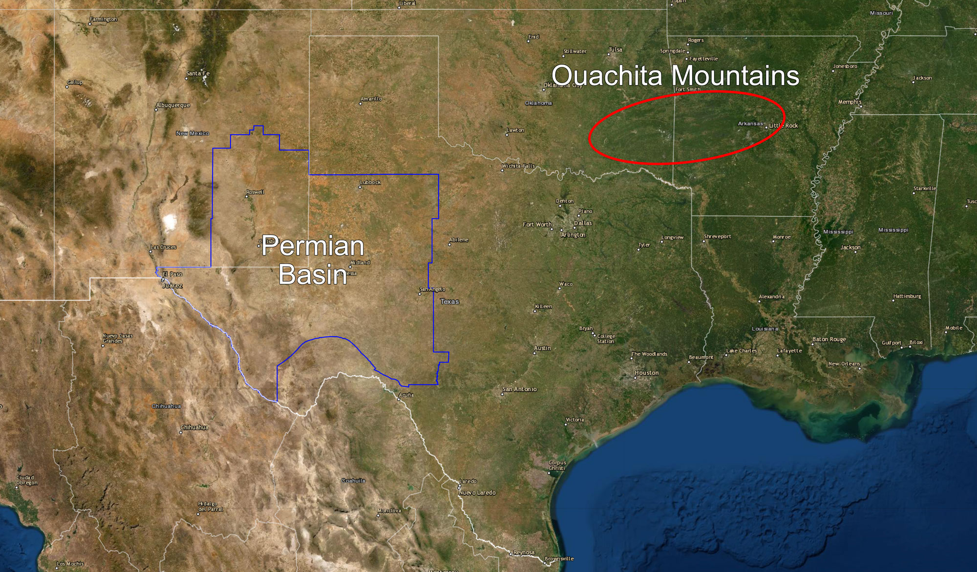 Image showing Texas, New Mexico, Oklahoma, Arkansas, and Louisiana made from satellite photos. The boundaries of the Permian Basin in western Texas and southeastern New Mexico outlined in blue. The location of the Ouachita Mountains in southeastern Oklahoma to west-central Arkansas is circled in red.