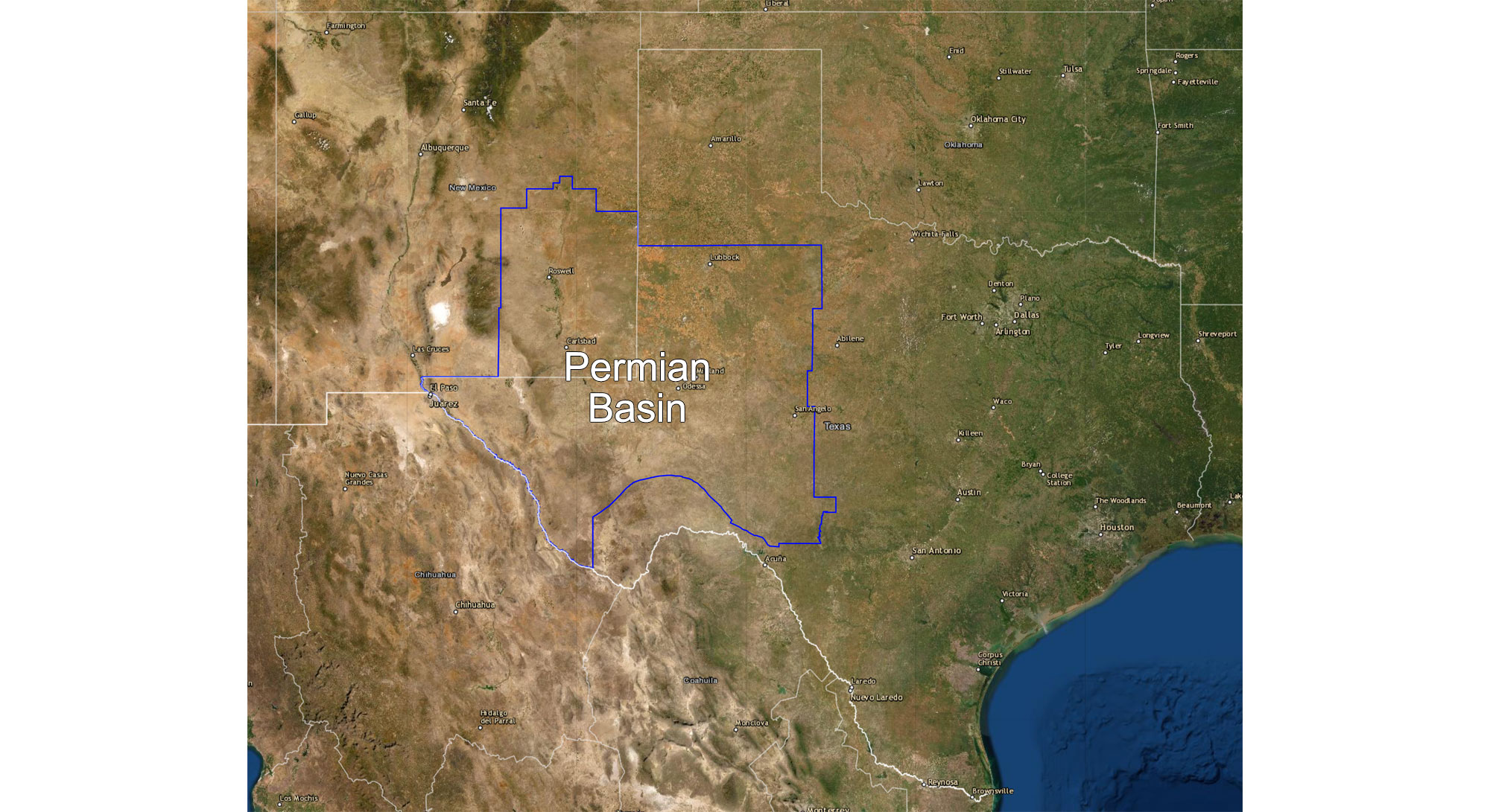 Image showing Texas, New Mexico, and Oklahoma made from satellite photos with the boundaries of the Permian Basin in western Texas and southeastern New Mexico outlined in blue.